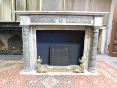 Fireplace mantle in White and green marble, carved column, France