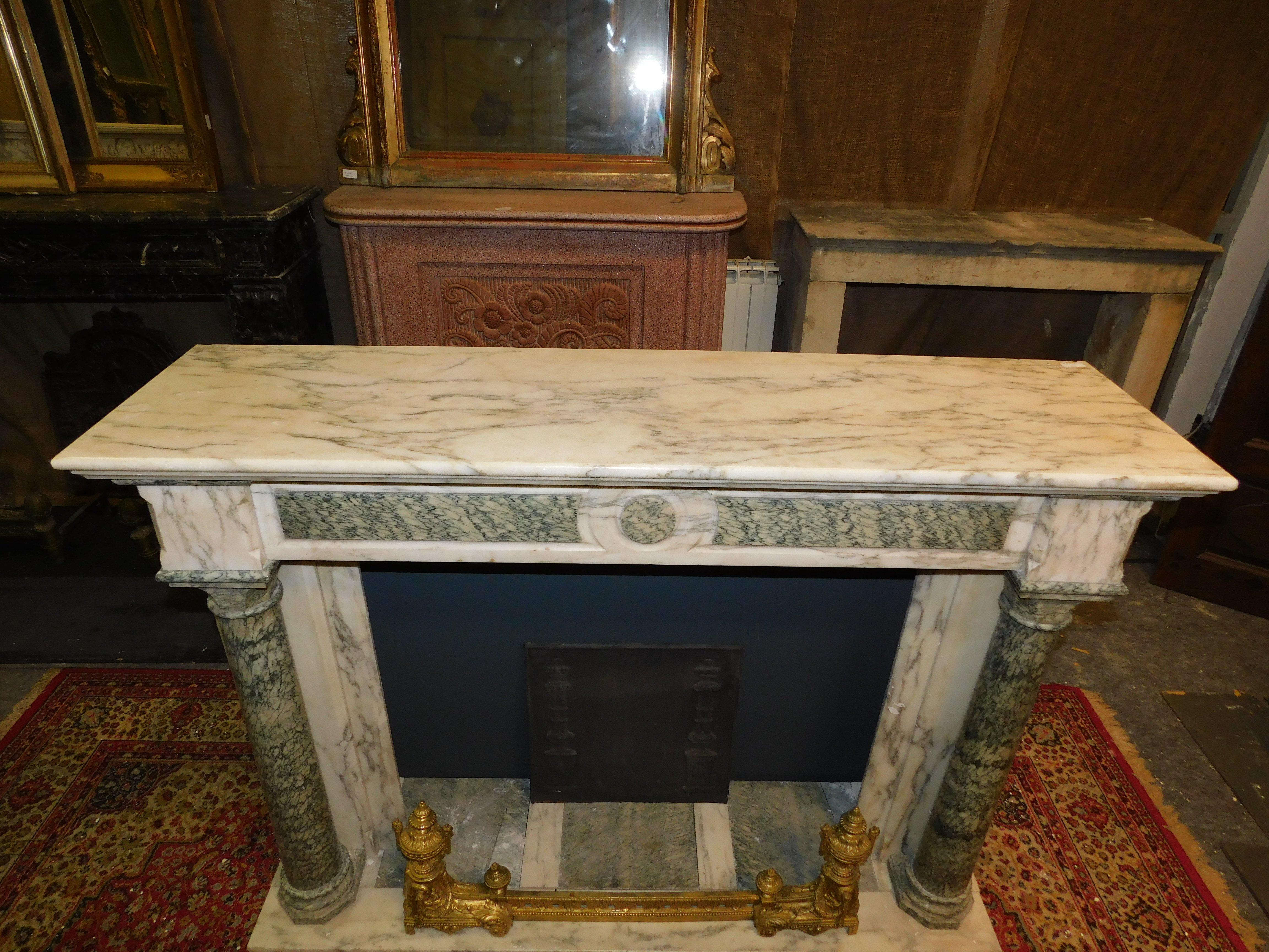French Fireplace mantle in White and green marble, carved column, France For Sale