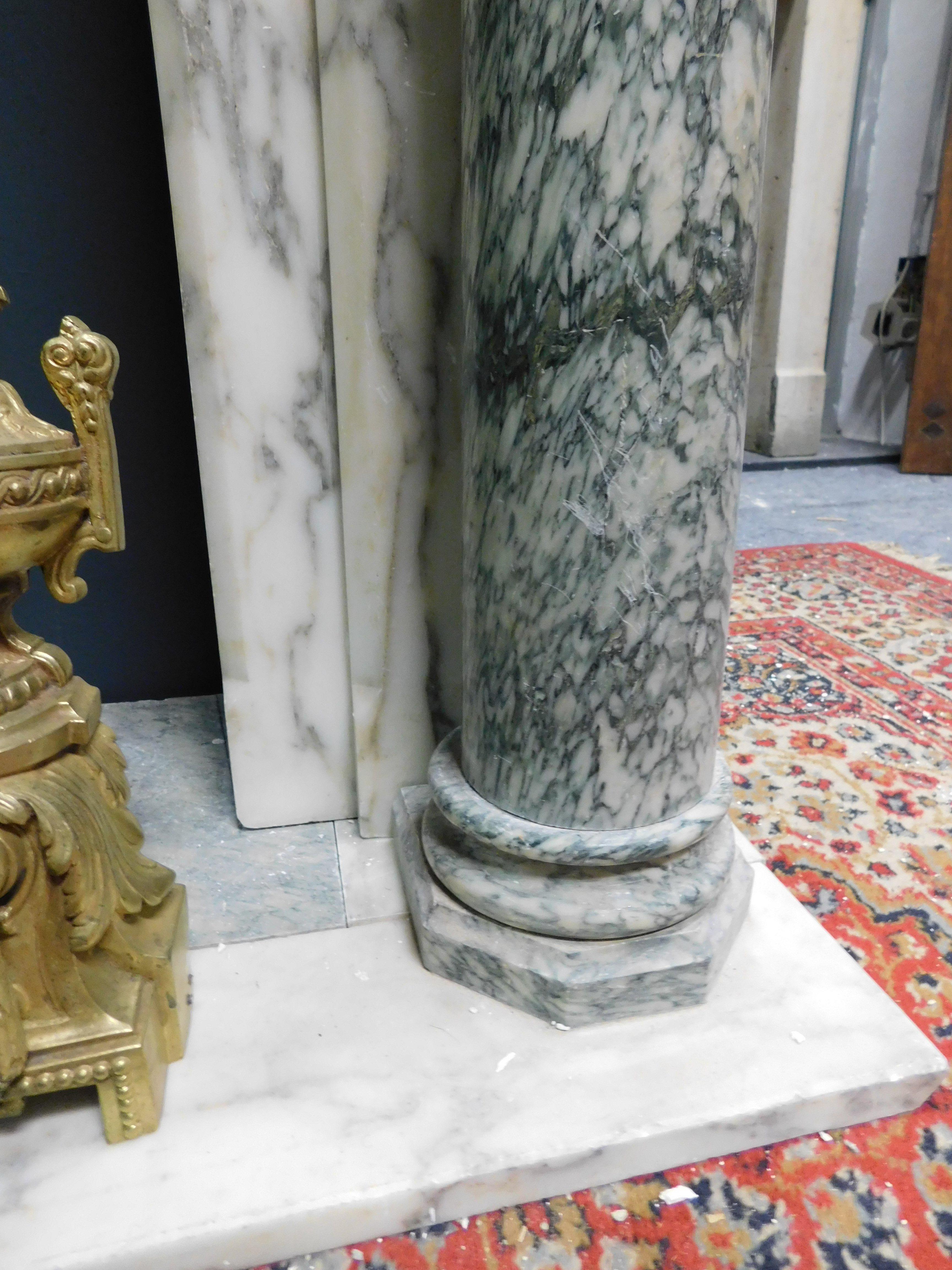 19th Century Fireplace mantle in White and green marble, carved column, France For Sale