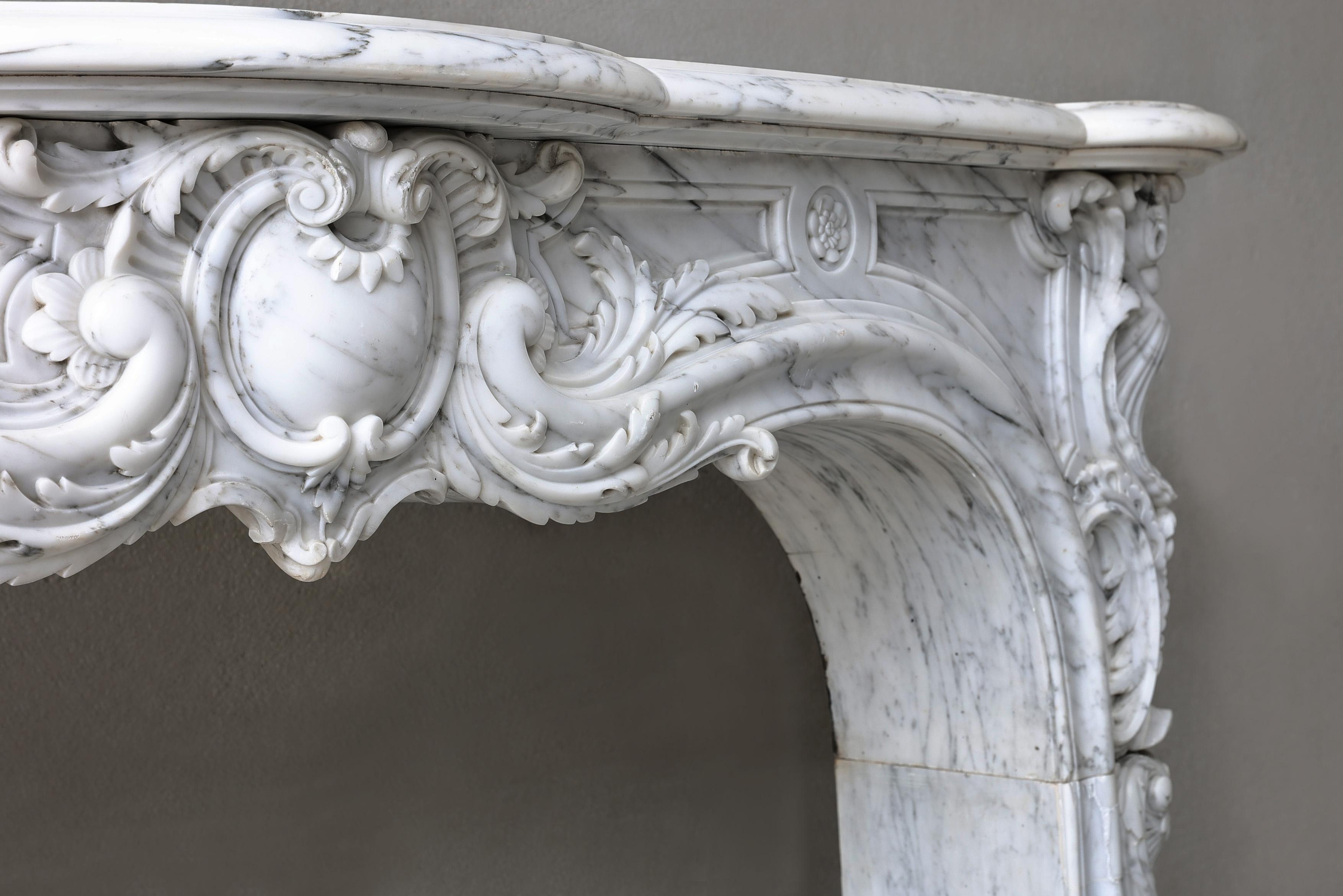Louis XV Antique Marble Fireplace  Arabescato Marble  19th Century  Monumental For Sale