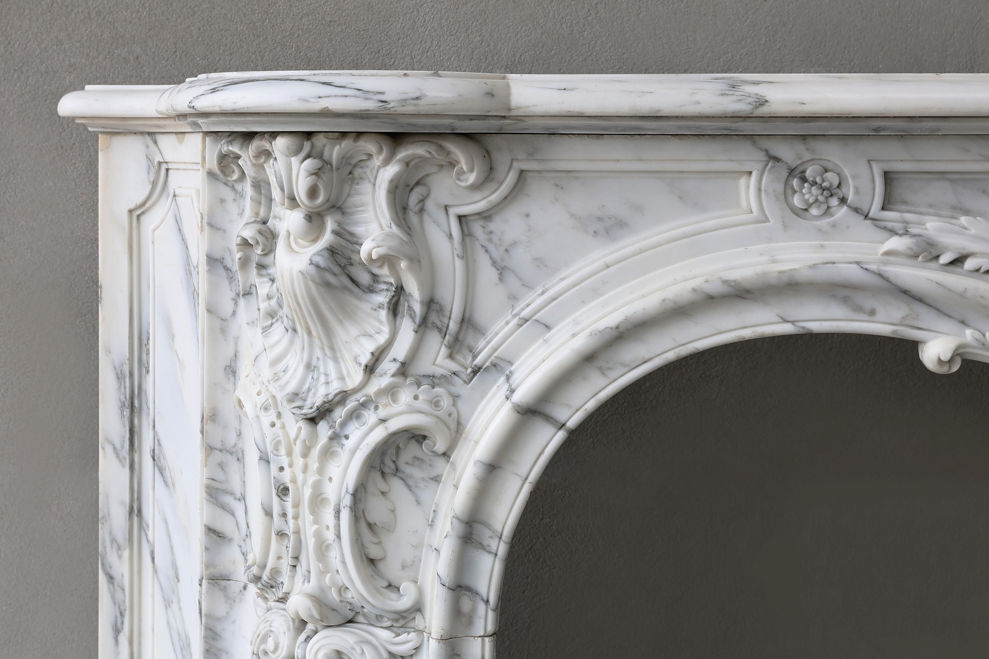 French Antique Marble Fireplace  Arabescato Marble  19th Century  Monumental For Sale