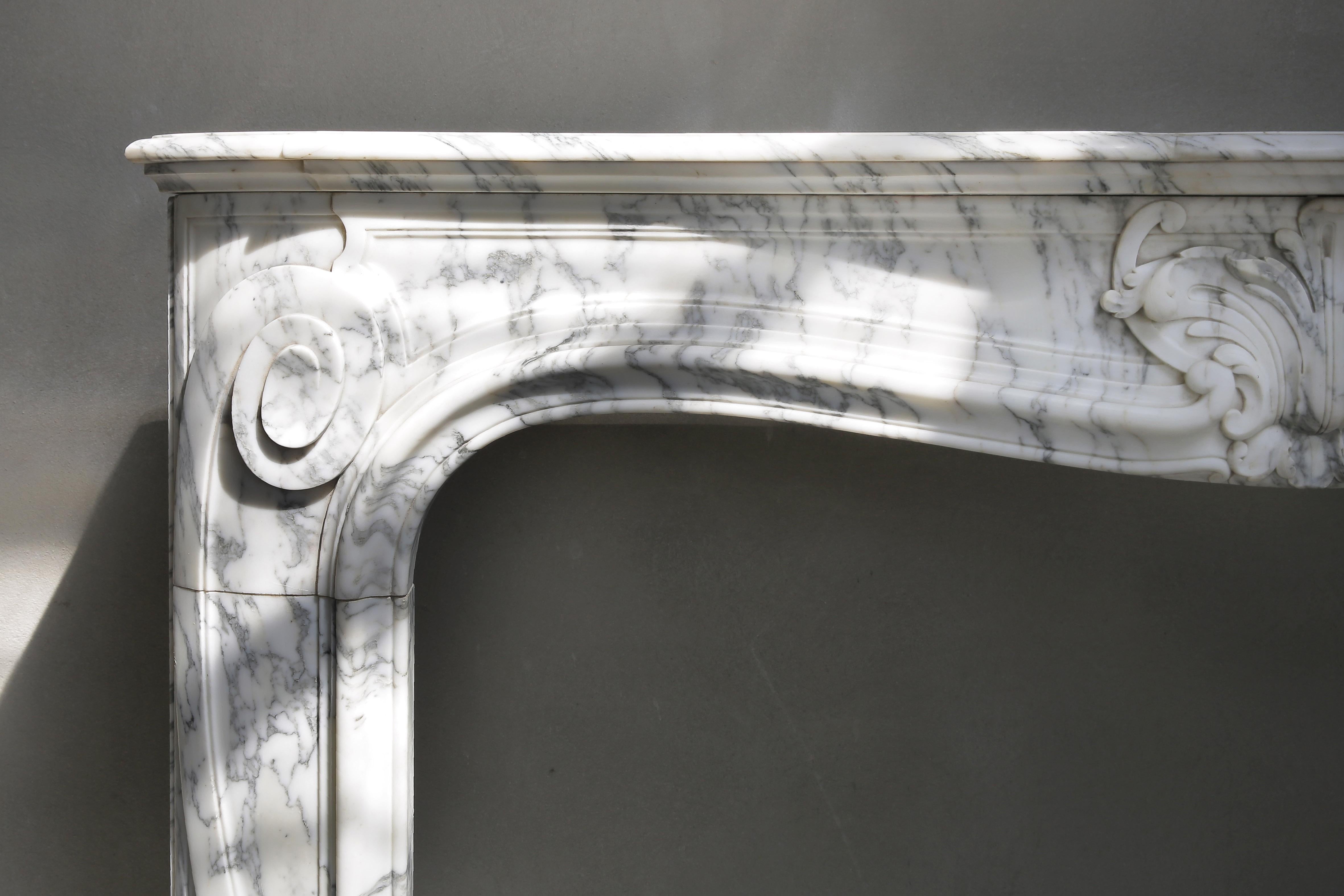 French Antique Marble Fireplace of Arabescato Marble, Louis XV