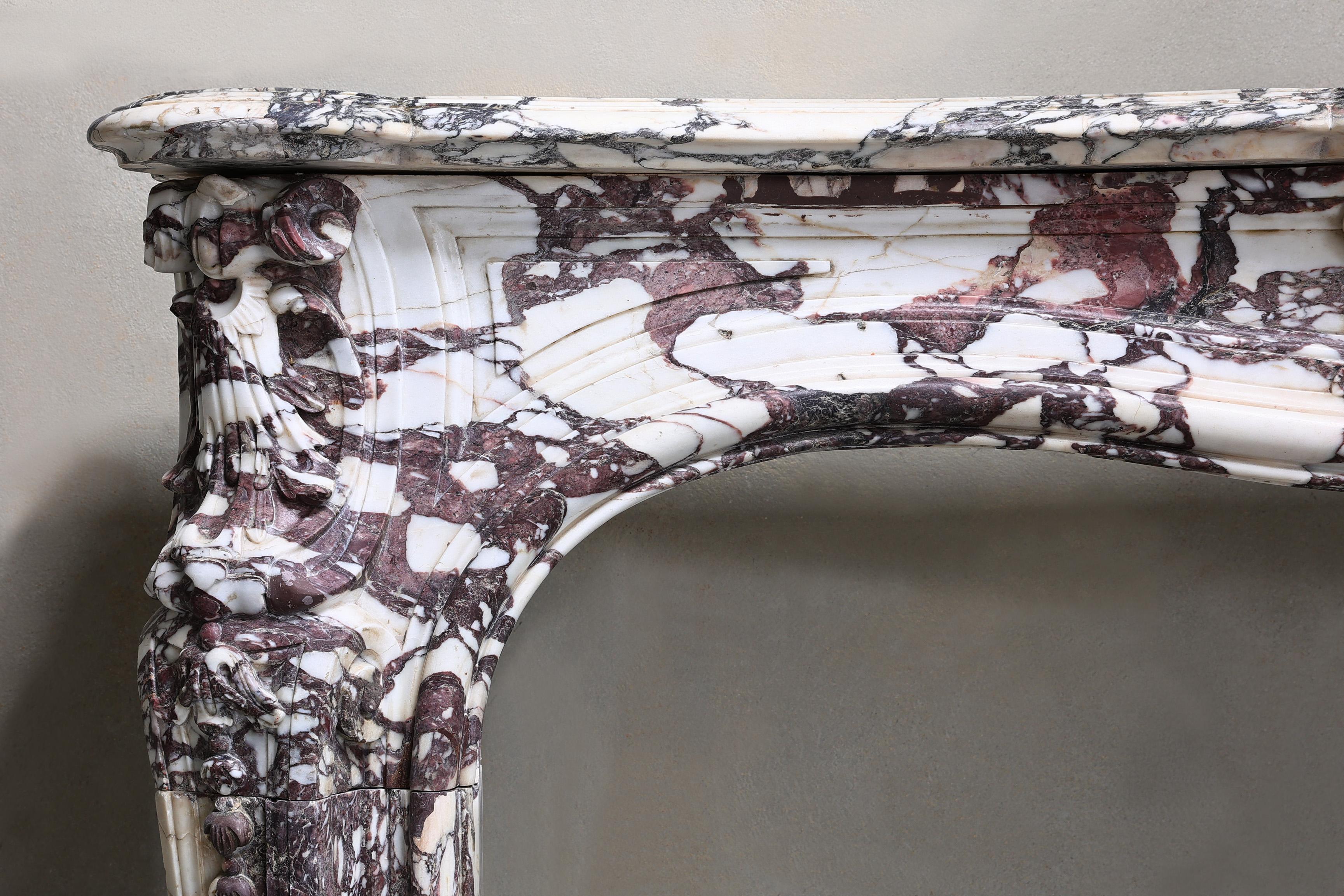 French Antique Marble Fireplace of Breccia Violetta Marble from the 18 Cent. - Louis XV For Sale