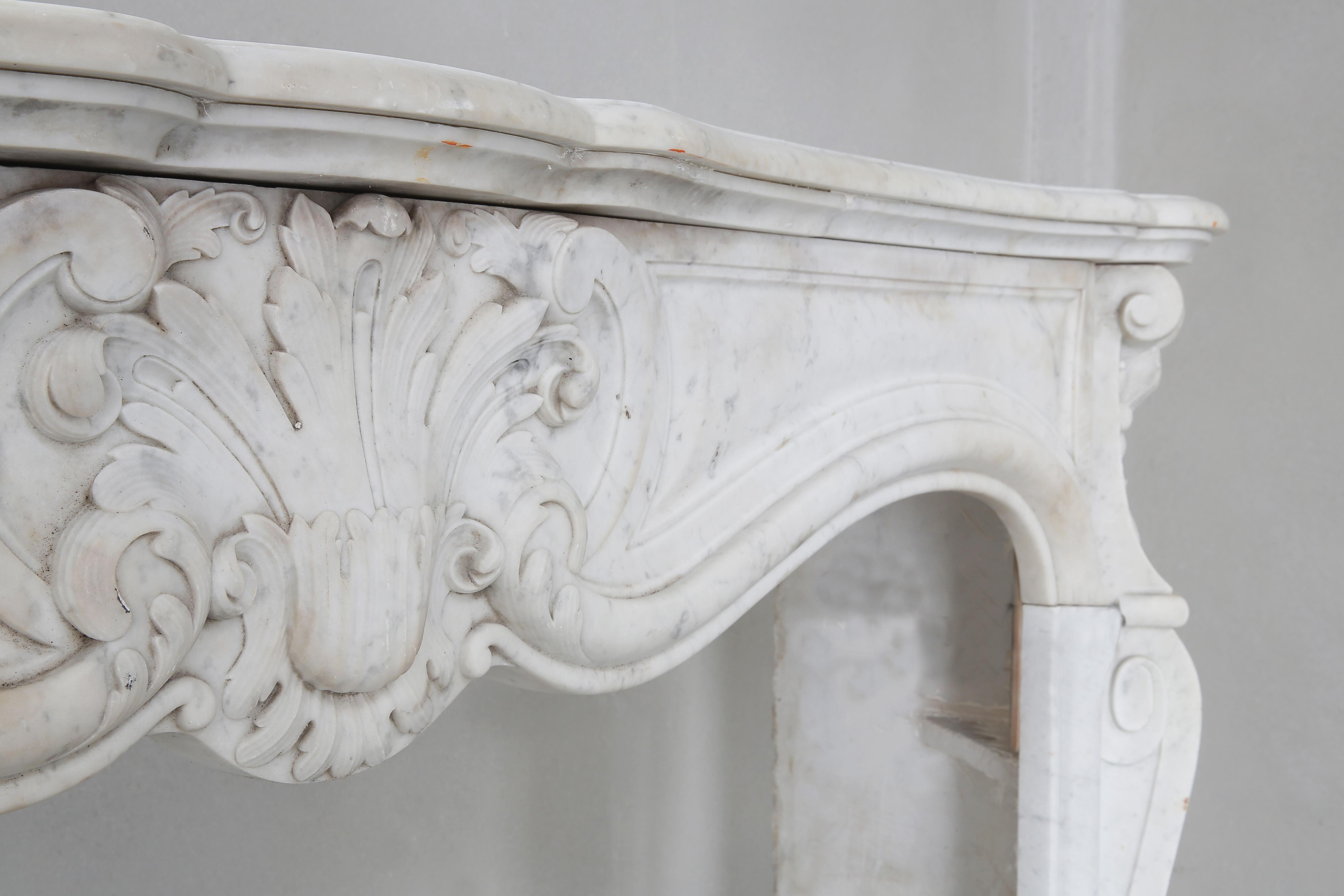 French Antique Marble Fireplace of Carrara Marble, 19th Century, Louis XV Style