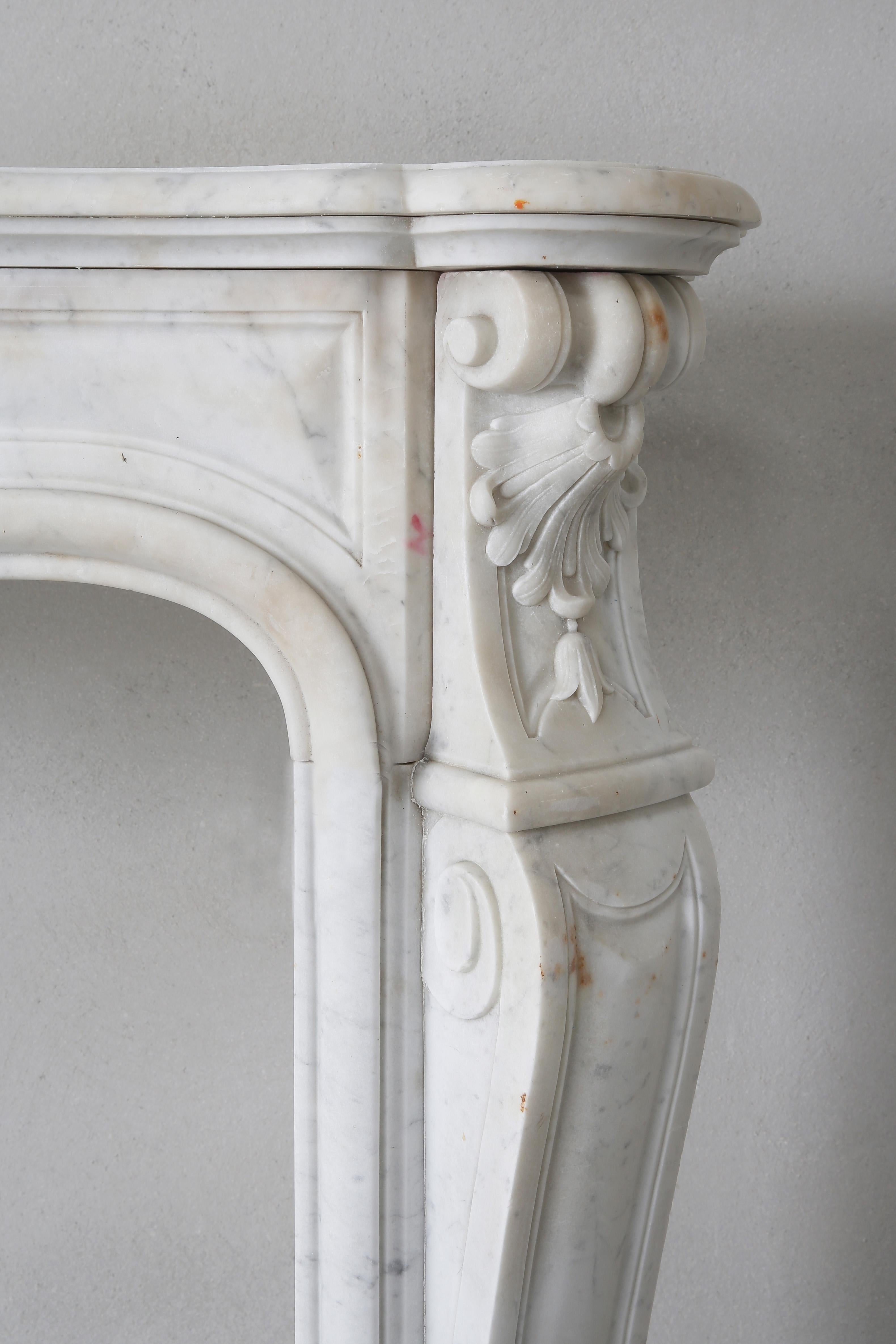 Antique Marble Fireplace of Carrara Marble, 19th Century, Louis XV Style 1