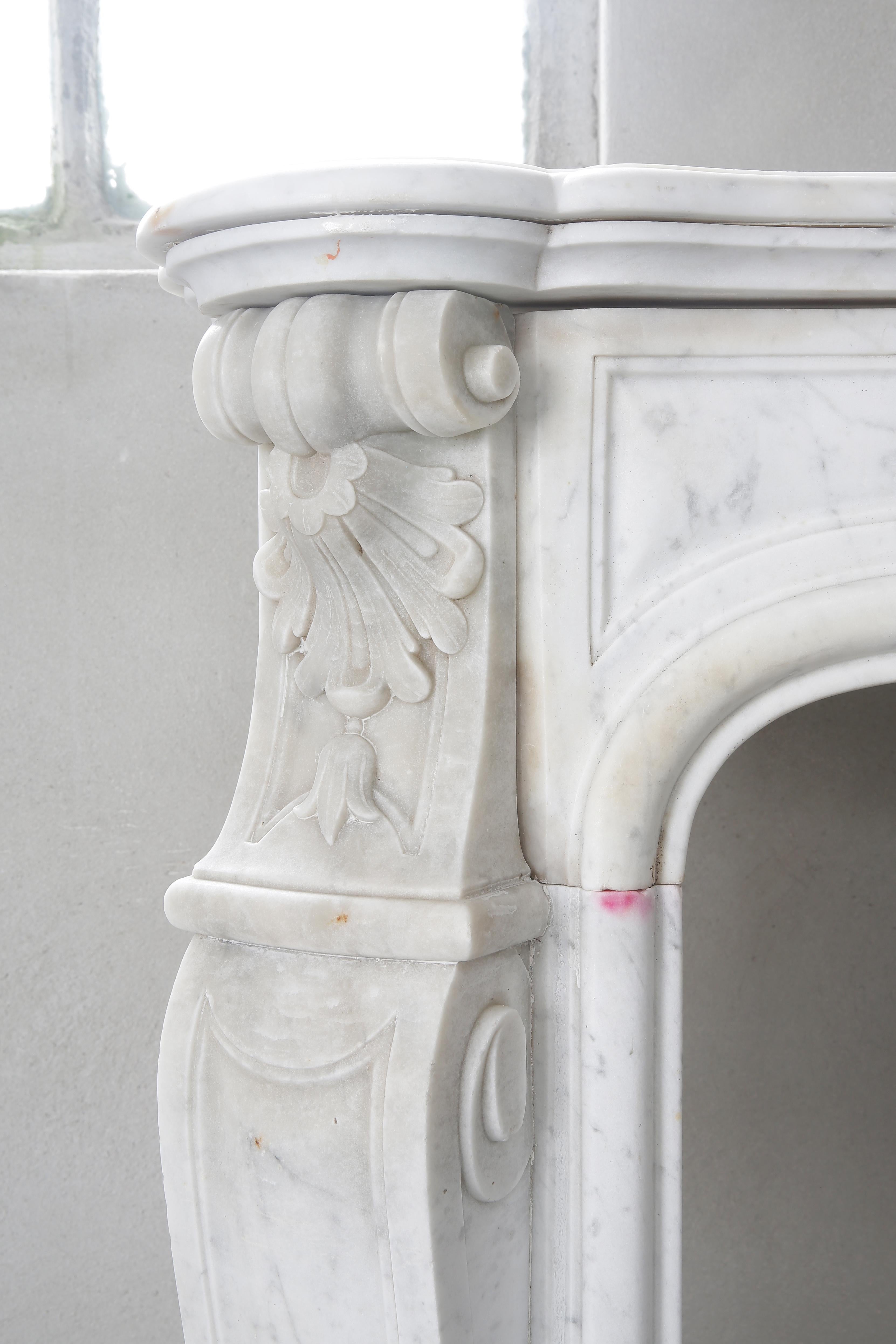 Antique Marble Fireplace of Carrara Marble, 19th Century, Louis XV Style 2