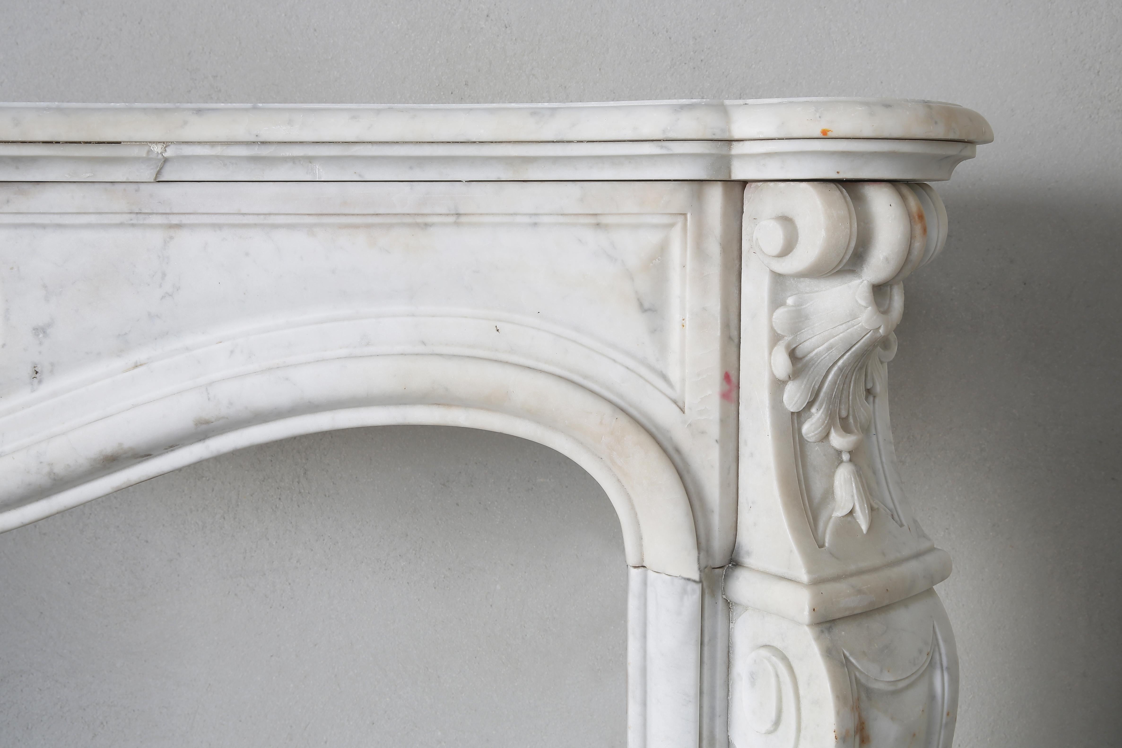 Antique Marble Fireplace of Carrara Marble, 19th Century, Louis XV Style 3