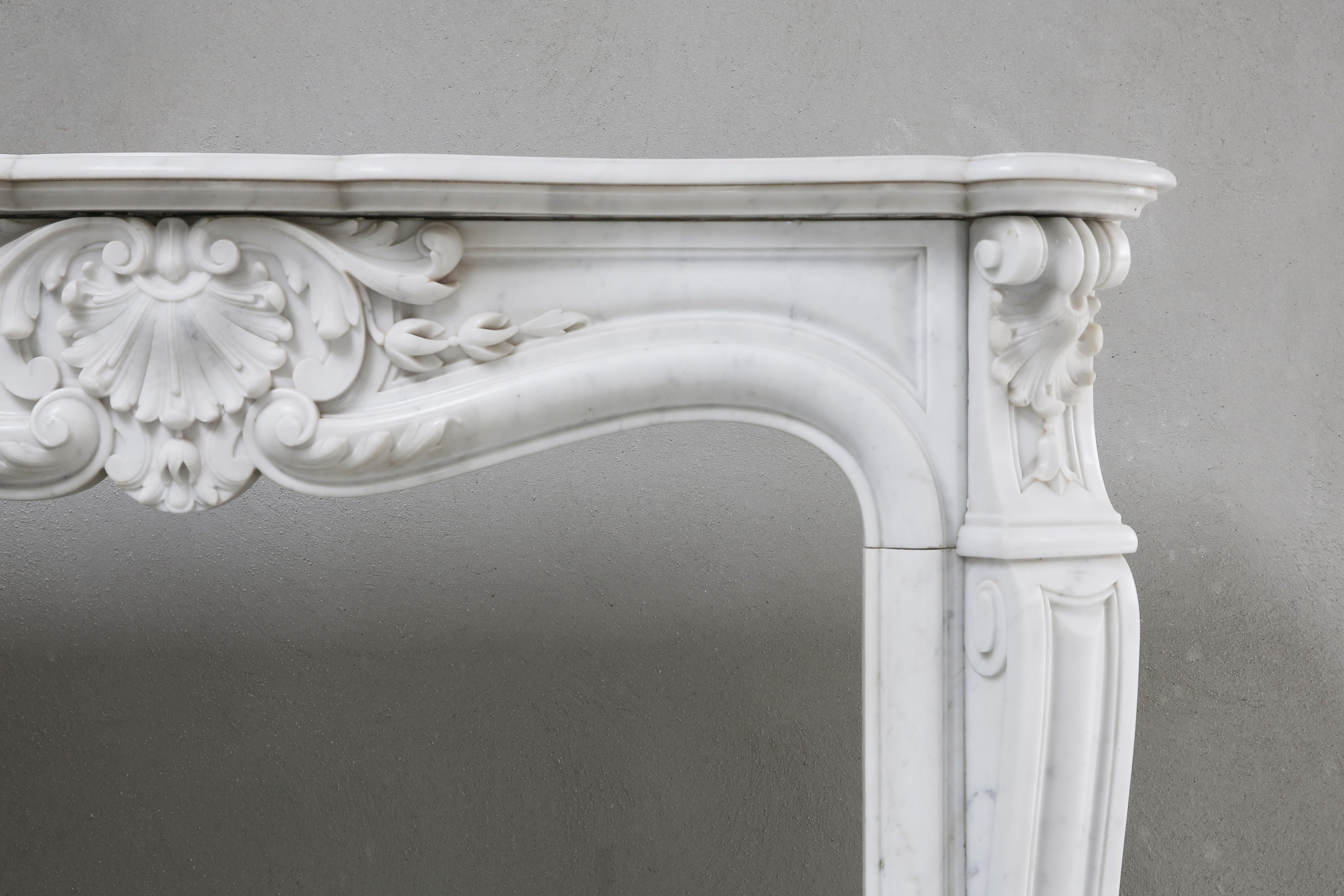 Belgian Antique Marble Fireplace of Carrara Marble, Louis XV, 19th Century