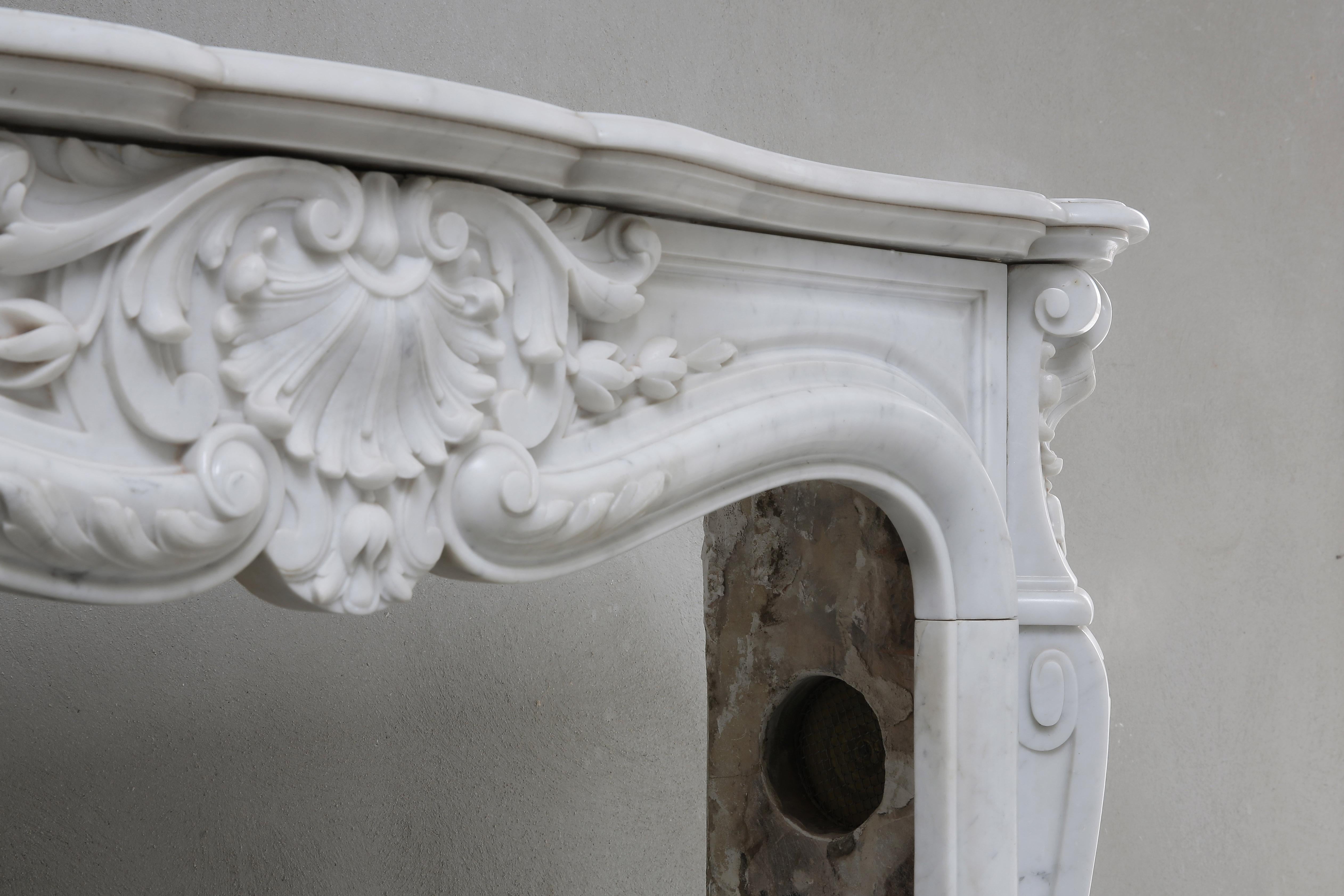 Antique Marble Fireplace of Carrara Marble, Louis XV, 19th Century 1