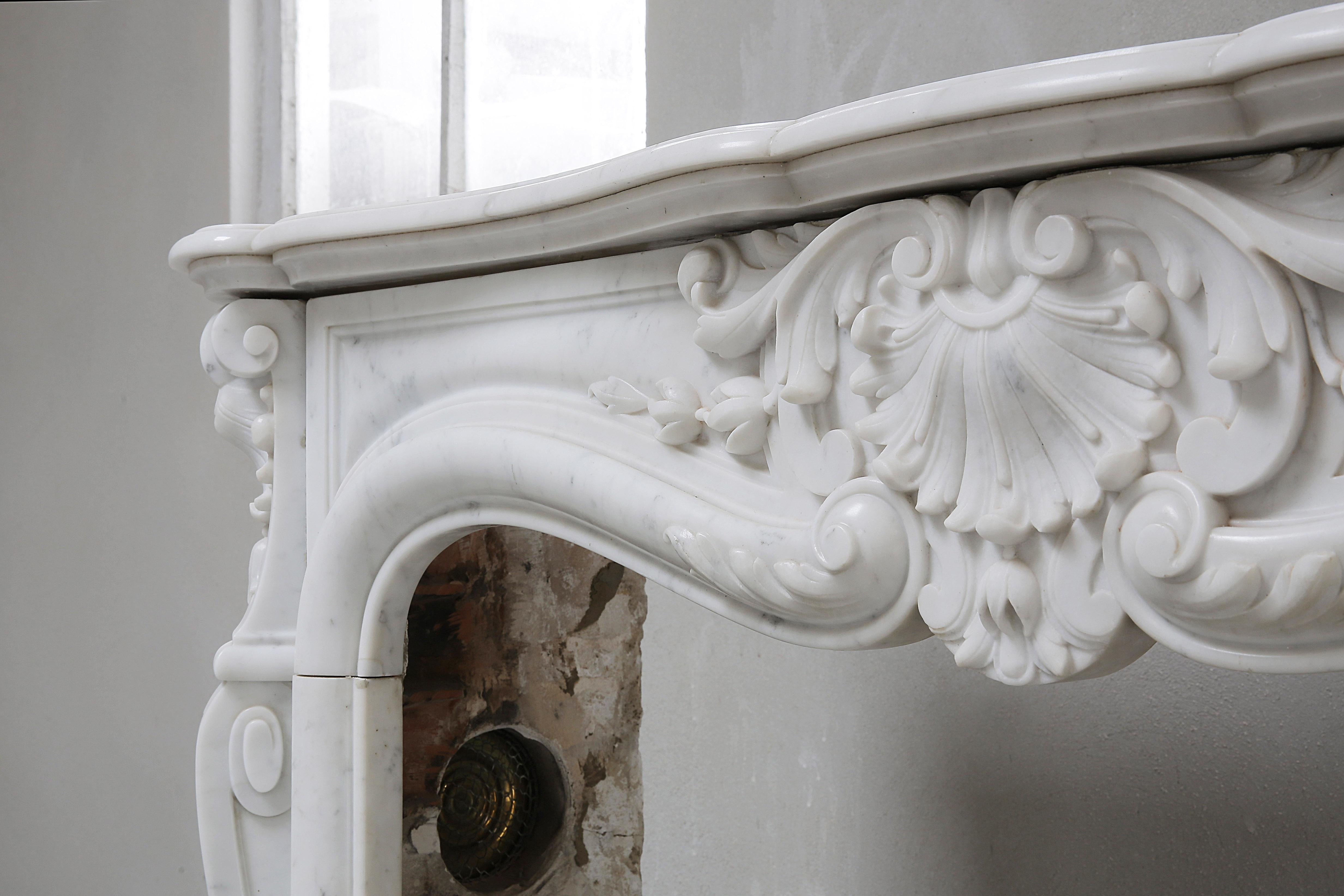 Antique Marble Fireplace of Carrara Marble, Louis XV, 19th Century 2