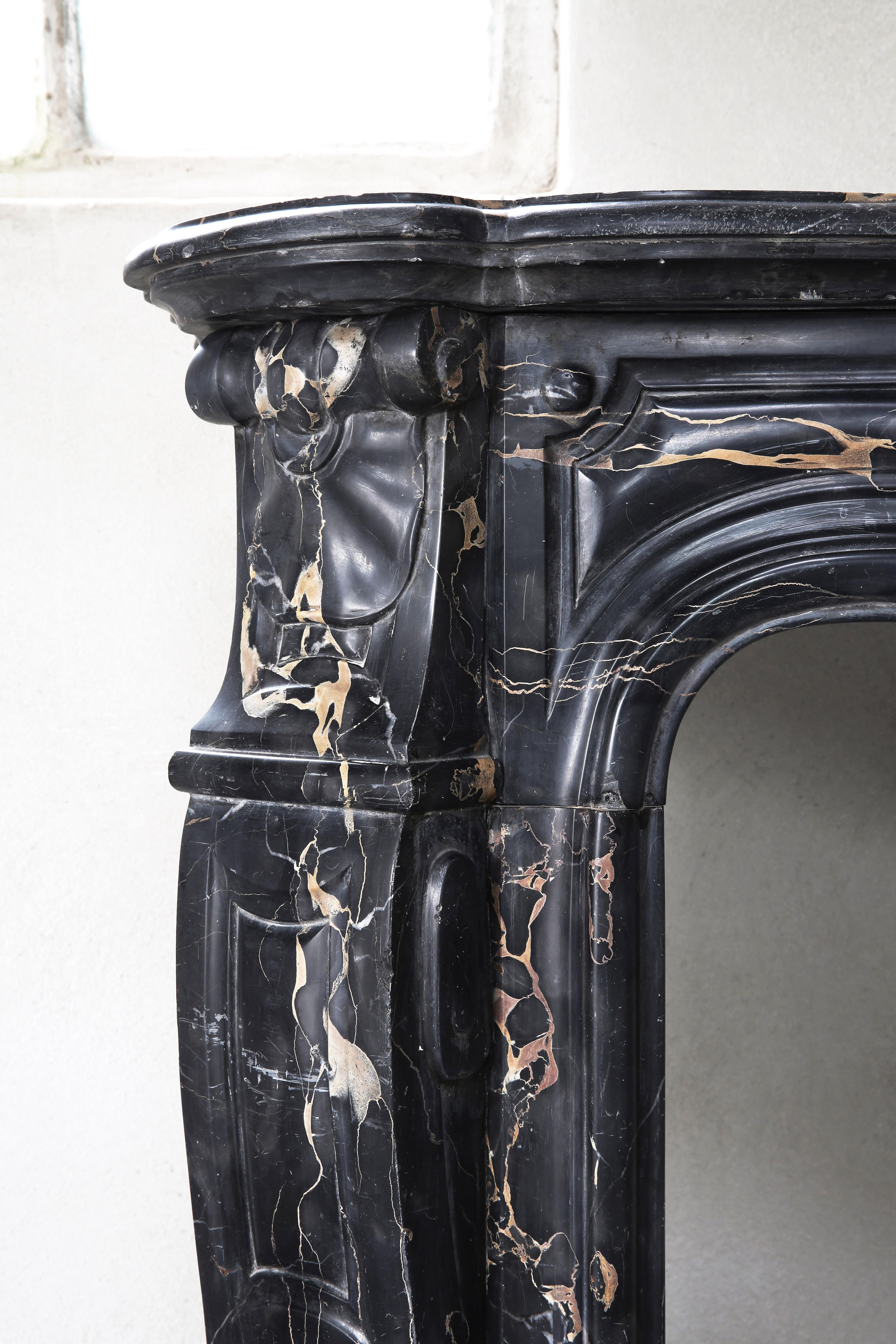 Antique Marble Fireplace of Portoro Marble, 19th Century, Louis XV Style For Sale 5