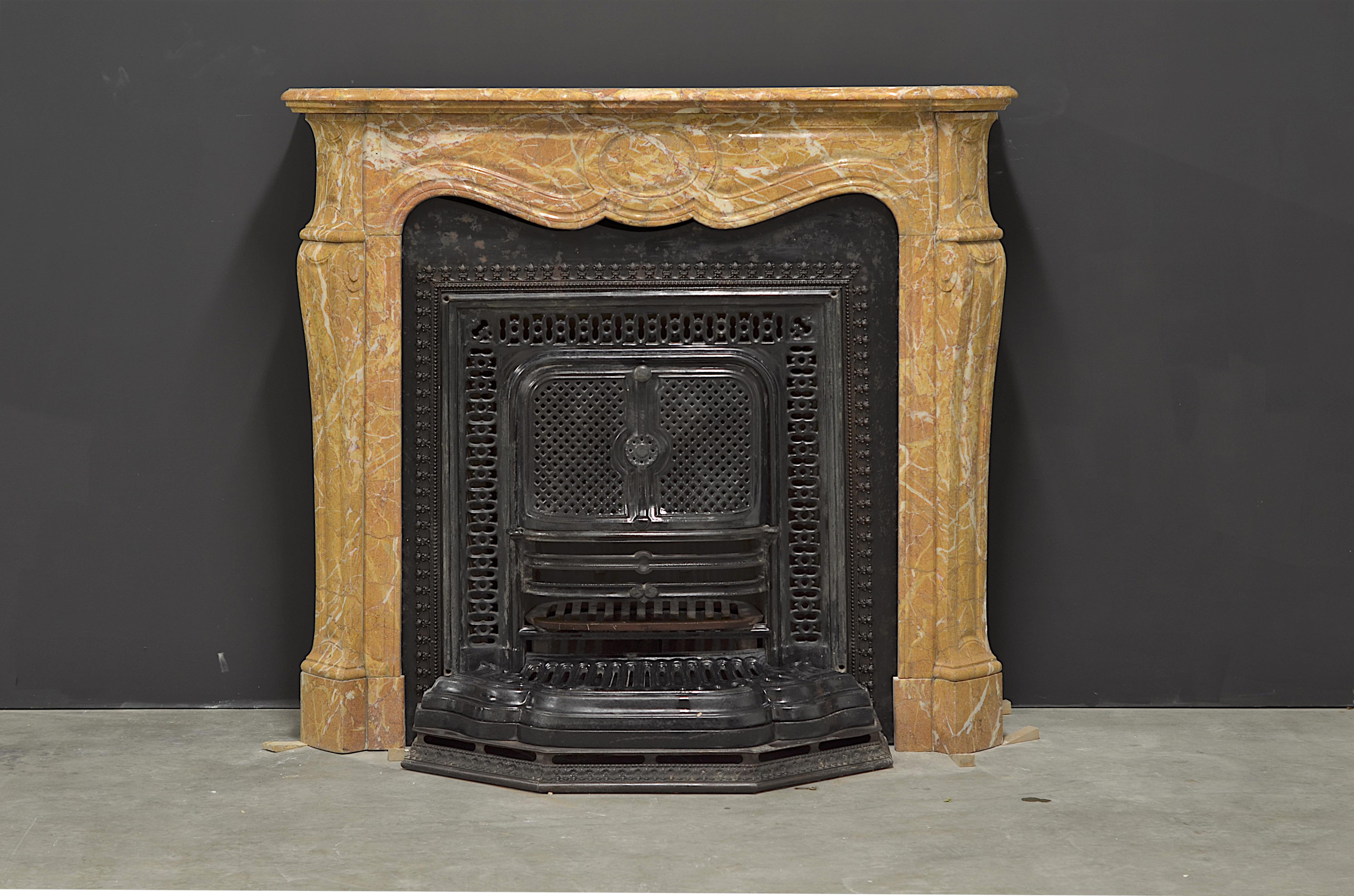 Amazingly colorful French Louis XV fireplace mantel from Paris, France.
This bright and friendly pompadour style mantel comes with cast iron stove and insert.

Great combination, perfect dimensions.
Mantel has a lot of repairs and restorations