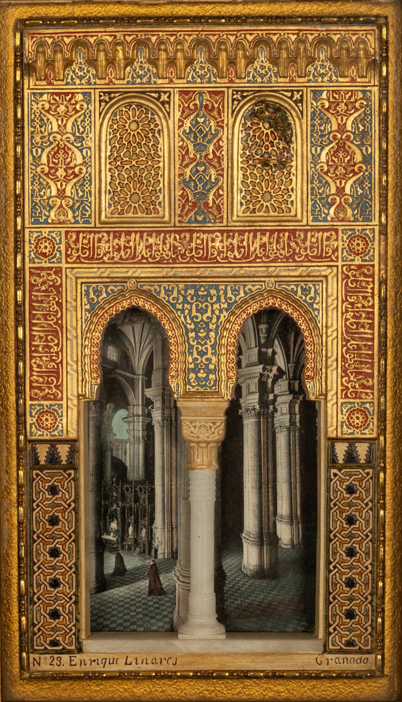 An antique marble, gesso, polychrome & gilt framed Alhambra plaque, by Enrique Linares, Granada, Spain, circa 1910.
The framed panel depicting a facade with a double mihrab and two windows above, lavishly decorated in gilt and polychrome with Nasrid