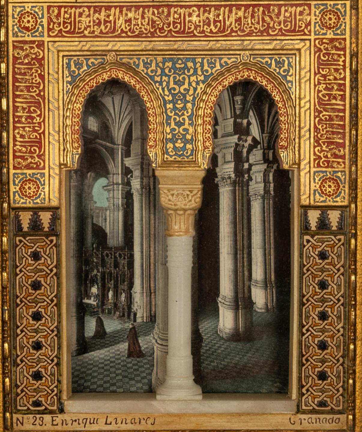 Early 20th Century Antique Marble Gesso Islamic Gilt Panel Alhambra Window Granada Spain 1910 
