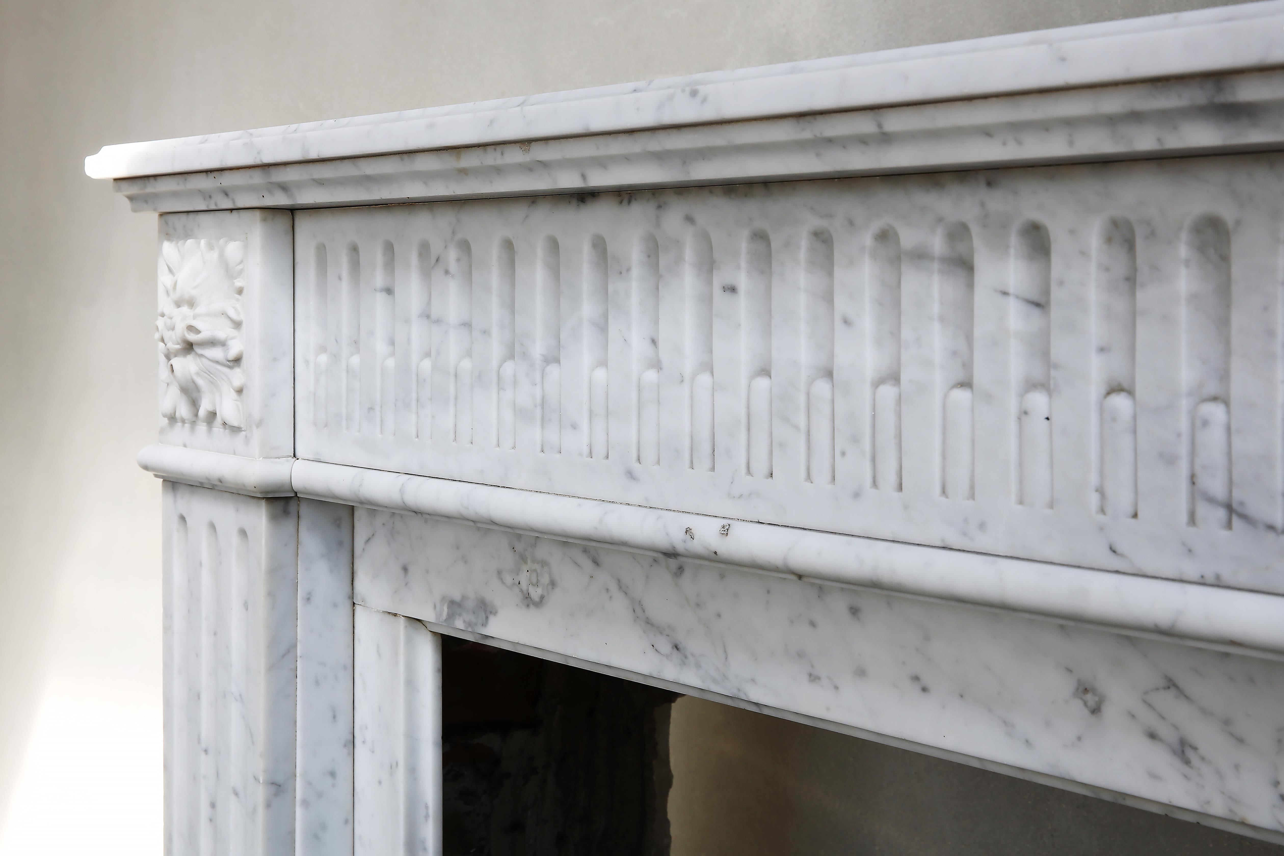 19th Century Antique Marble Mantel Piece of Carrara Marble in Style of Louis XVI