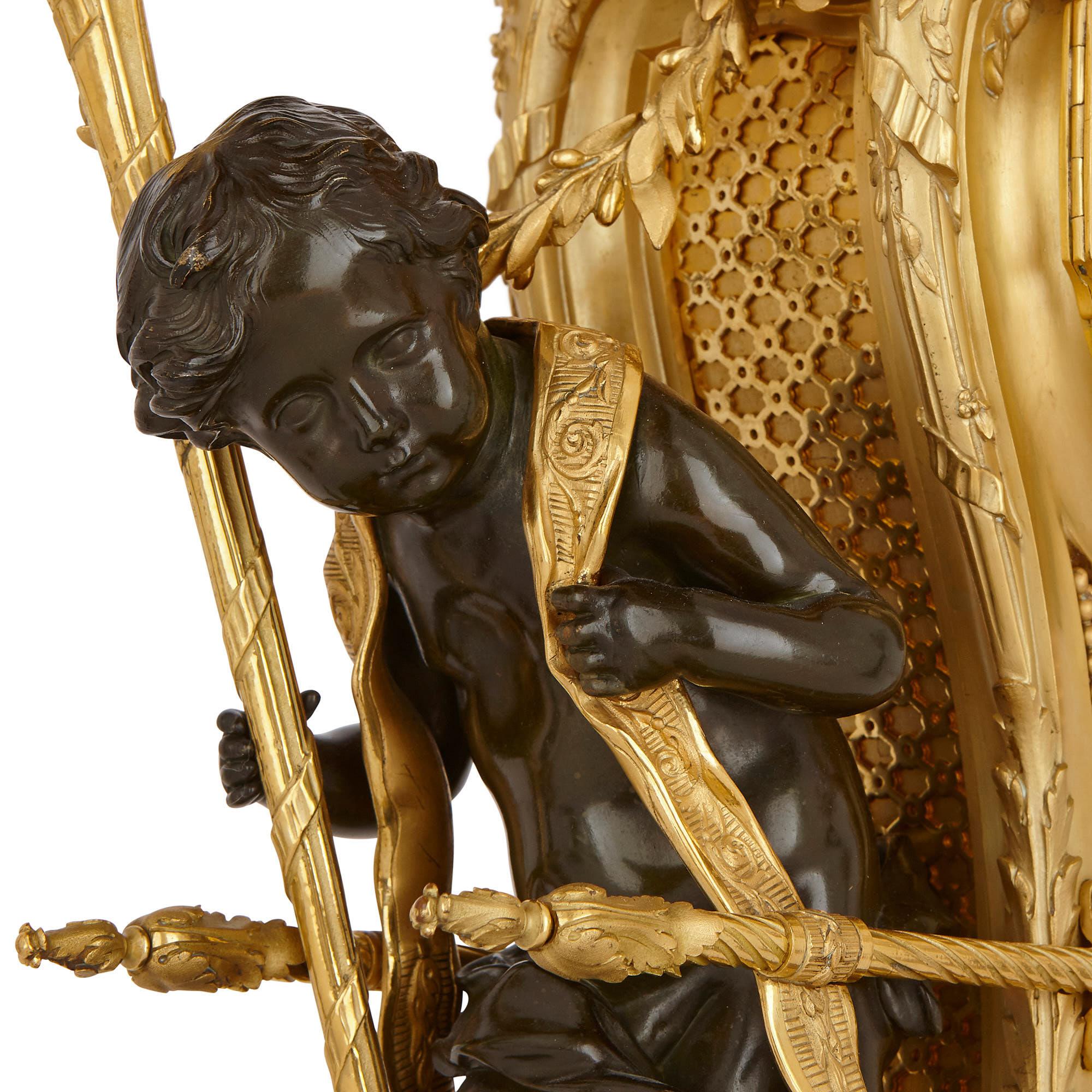Antikes Uhrenset aus Marmor, patinierter und vergoldeter Bronze von Gervais (Französisch) im Angebot