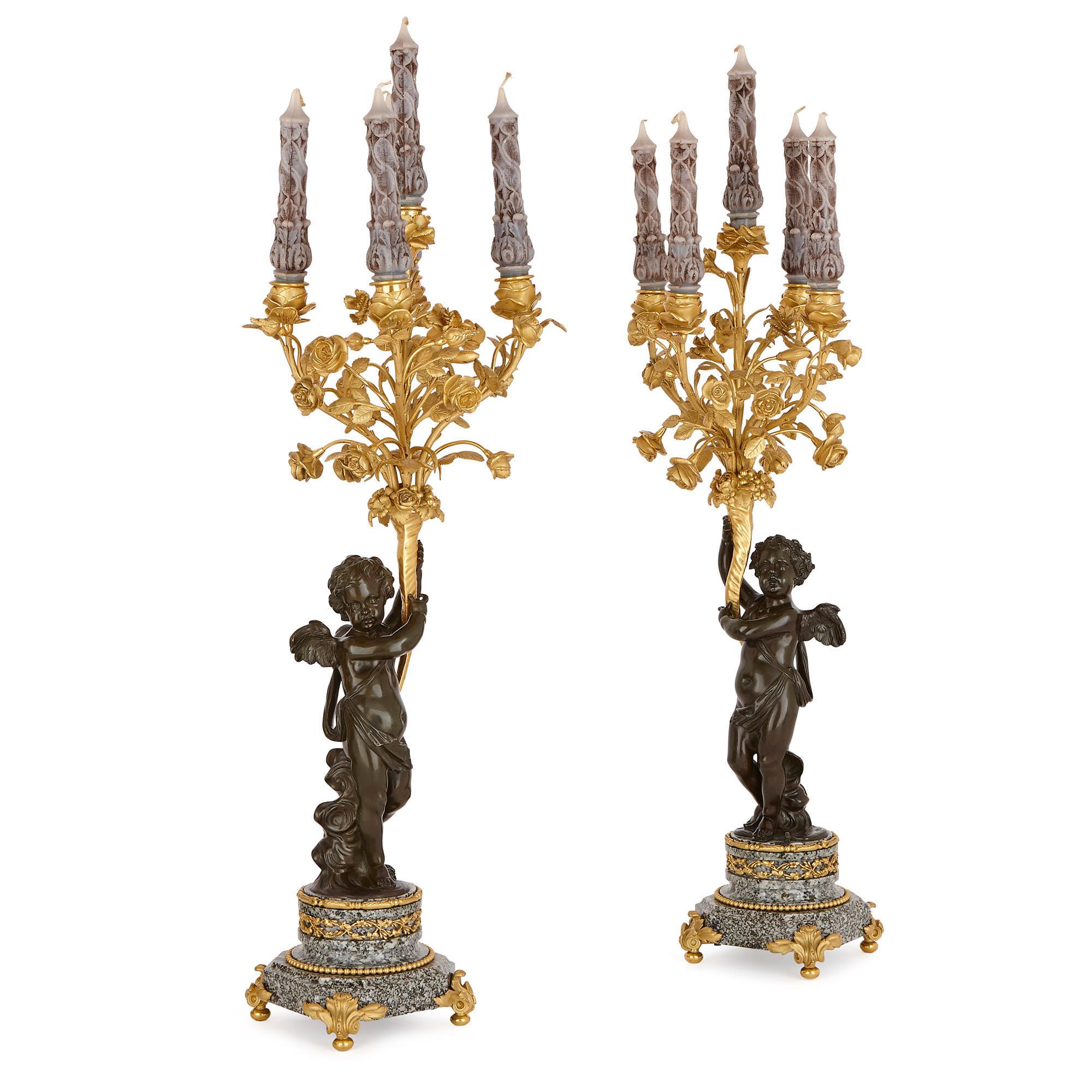 Late 19th Century Antique Marble, Patinated and Gilt Bronze Clock Set by Gervais For Sale