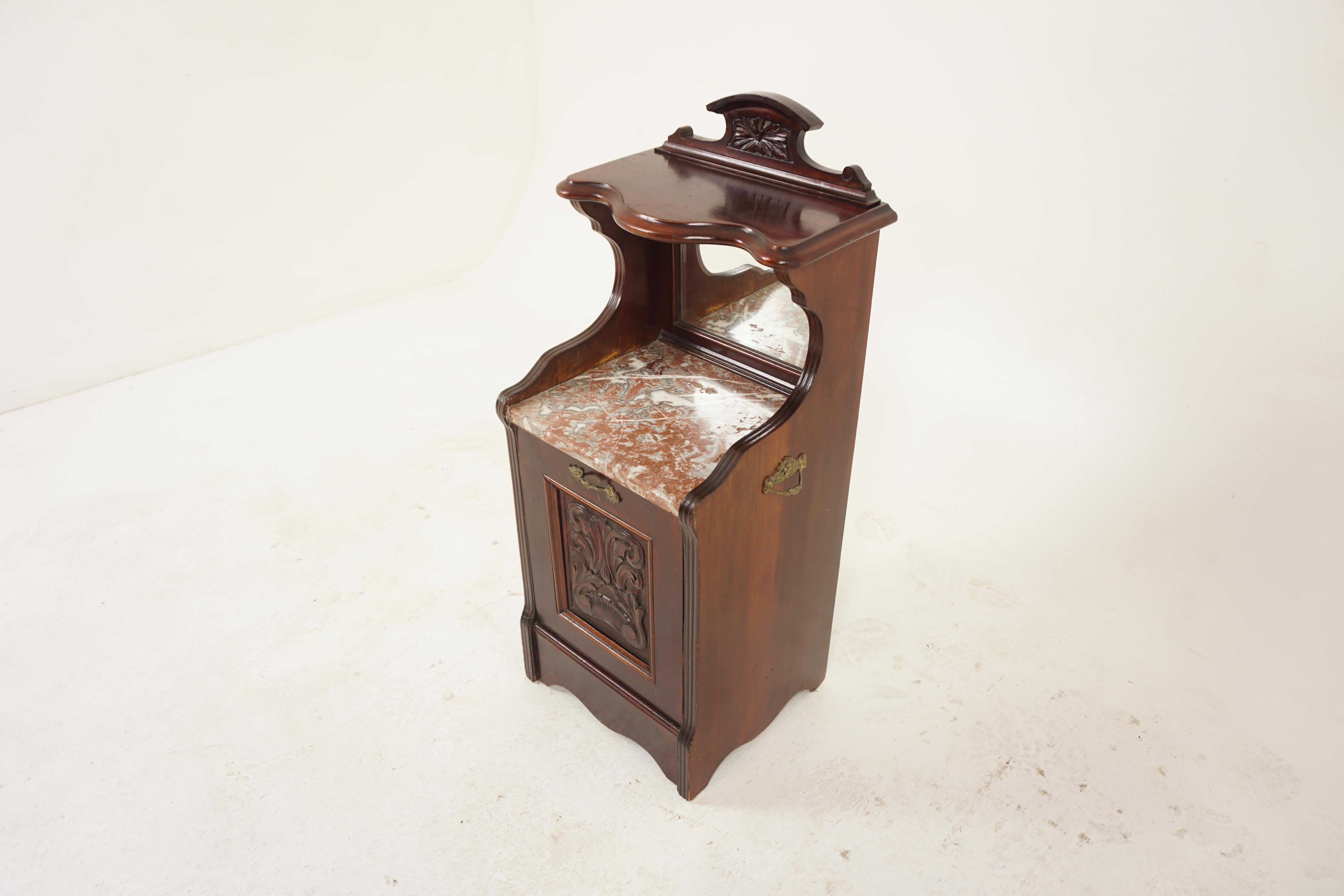 Antique Marble Top Coal Depot, Coal Box, lamp Table, Scotland 1890, H1177

Scotland 1890 
Solid Walnut
Original Finish 
Finely carved pediment to the top
With rectangular bevelled mirror below
Rouge marble top
Panelled carved door on front with