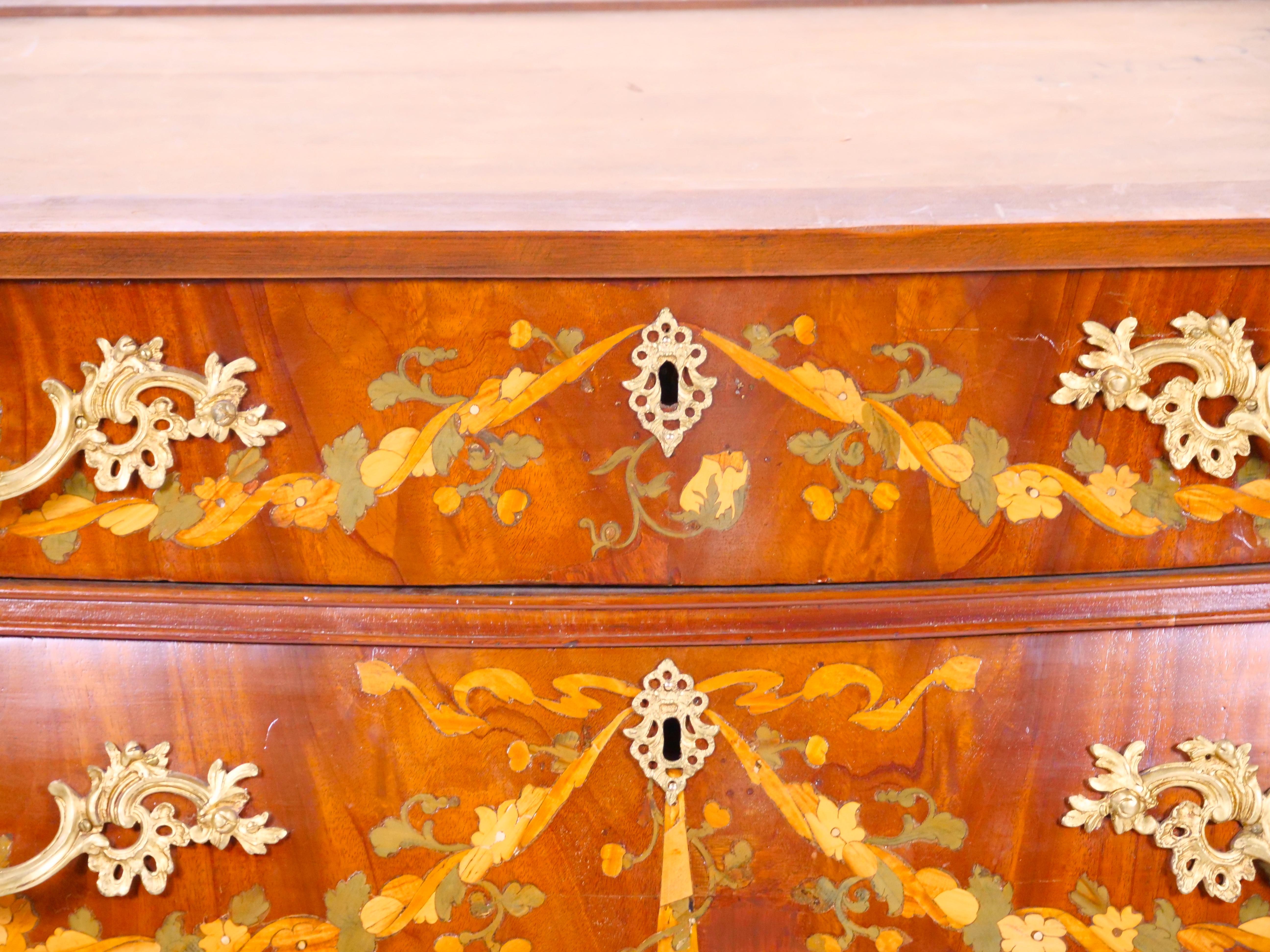 Antique Marble Top Floral Marquetry Inlaid Mahogany Commode / Credenza For Sale 2