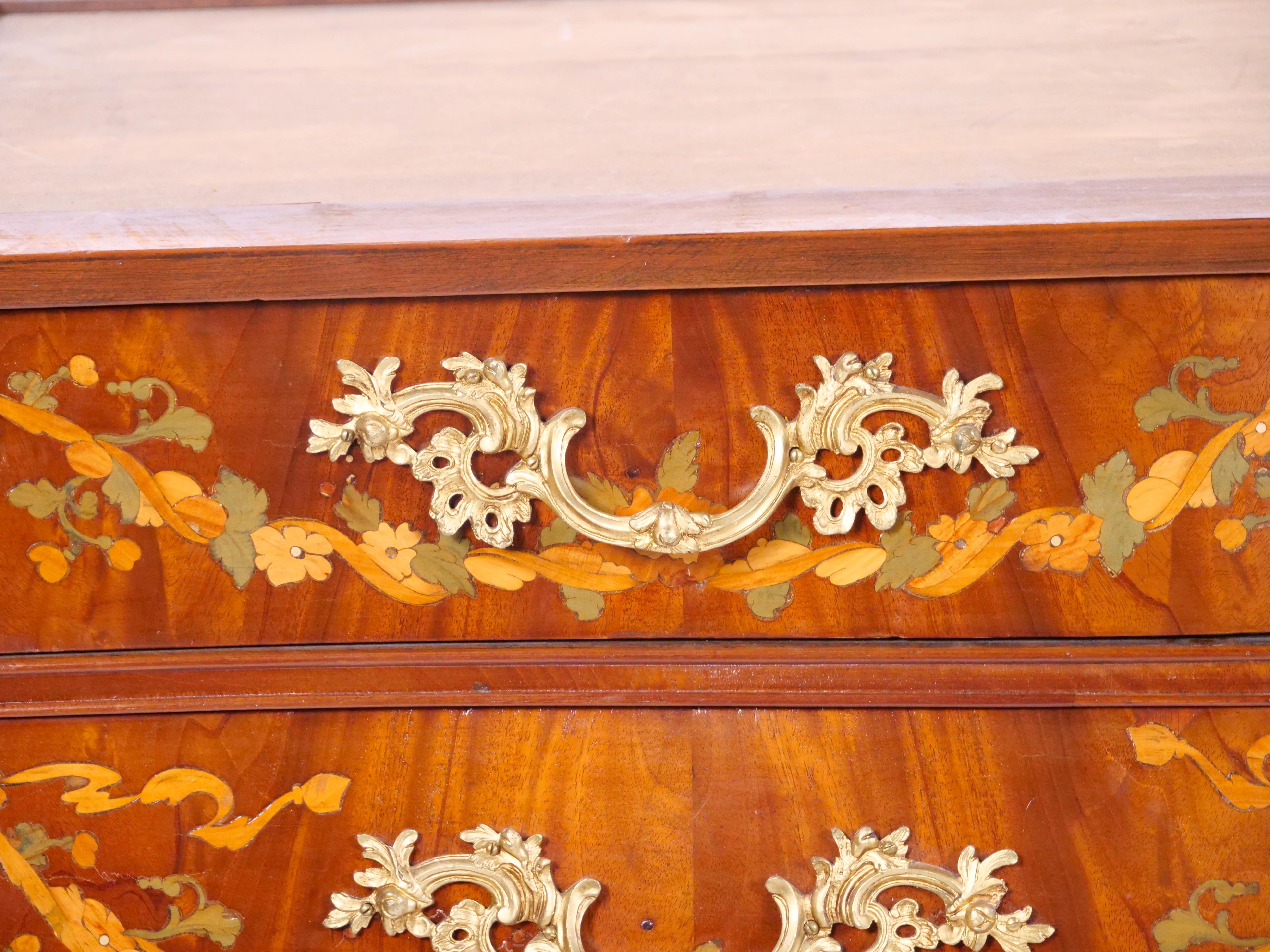 Antique Marble Top Floral Marquetry Inlaid Mahogany Commode / Credenza For Sale 3