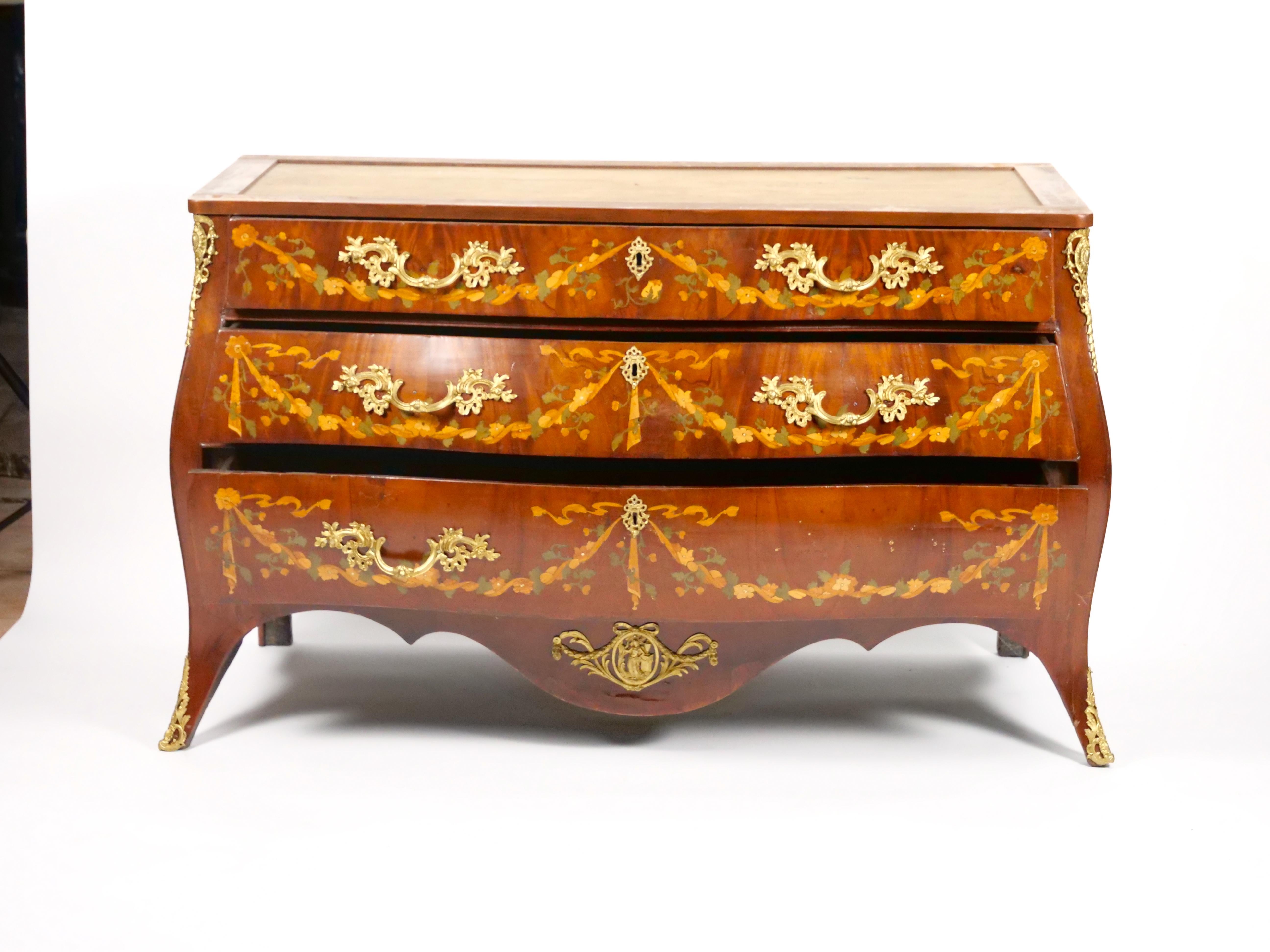 Antique Marble Top Floral Marquetry Inlaid Mahogany Commode / Credenza For Sale 4