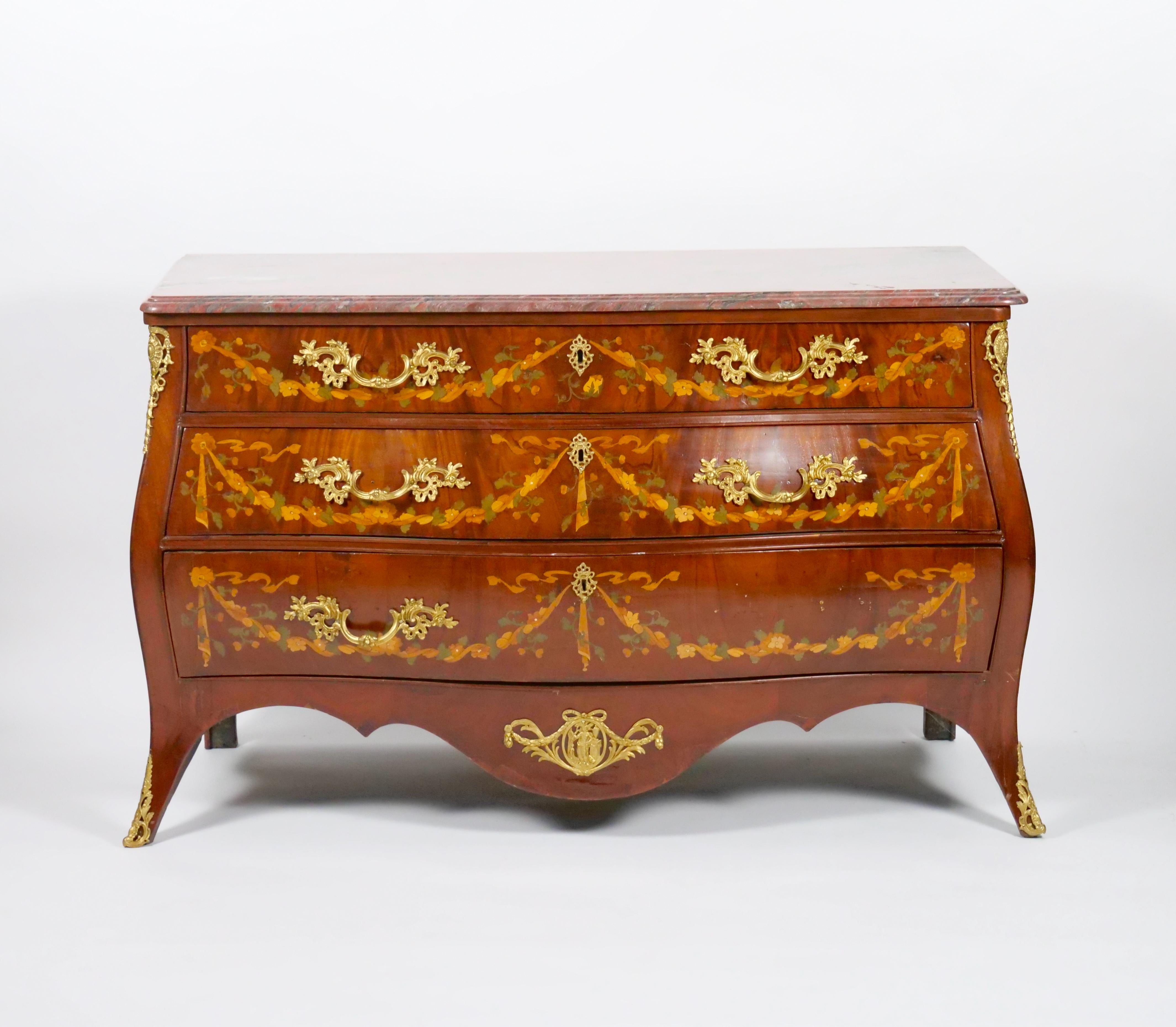 Antique Marble Top Floral Marquetry Inlaid Mahogany Commode / Credenza For Sale 9
