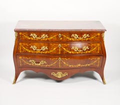 Antique Marble Top Floral Marquetry Inlaid Mahogany Commode / Credenza