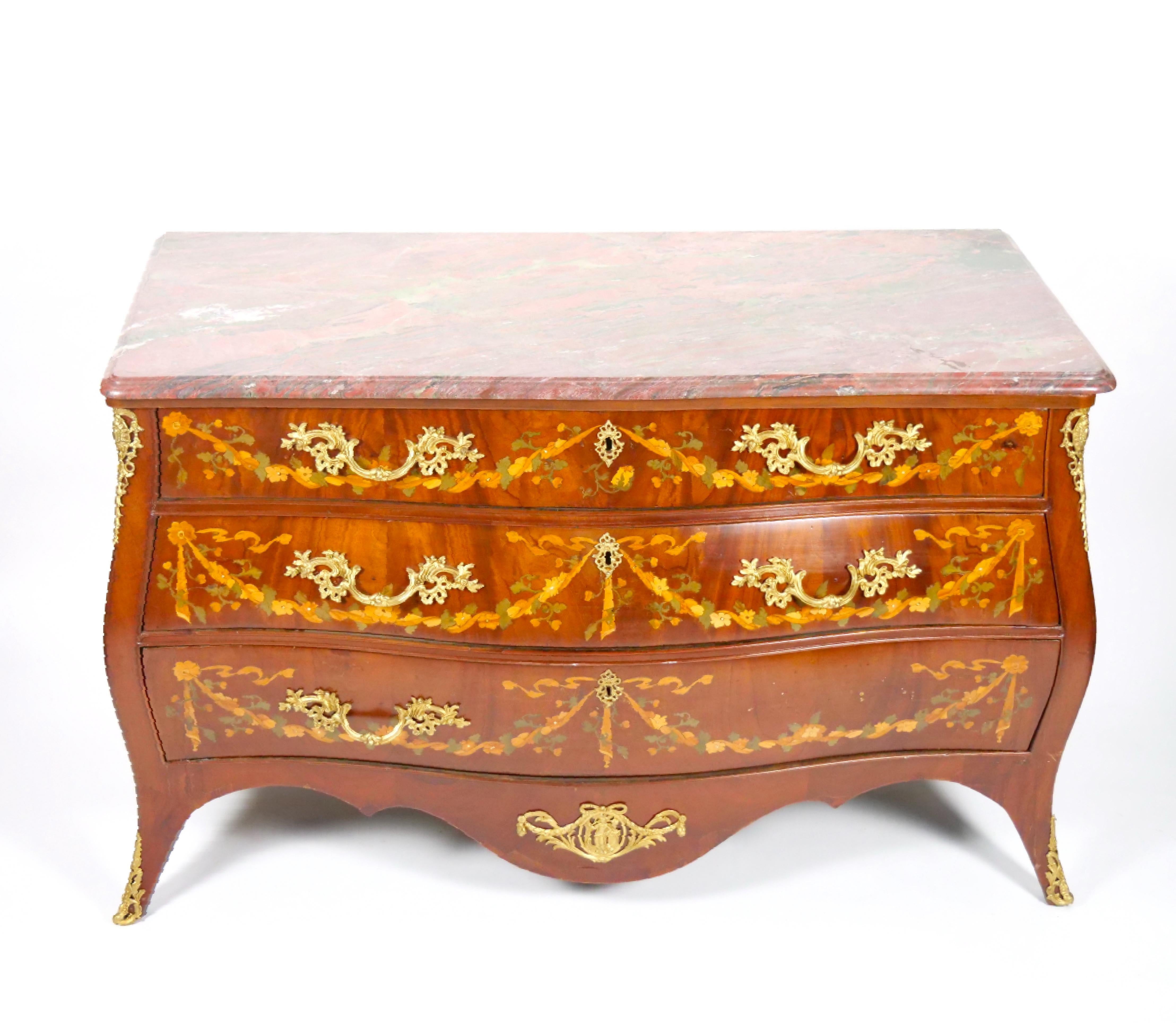 French Antique Marble Top Floral Marquetry Inlaid Mahogany Commode / Credenza For Sale
