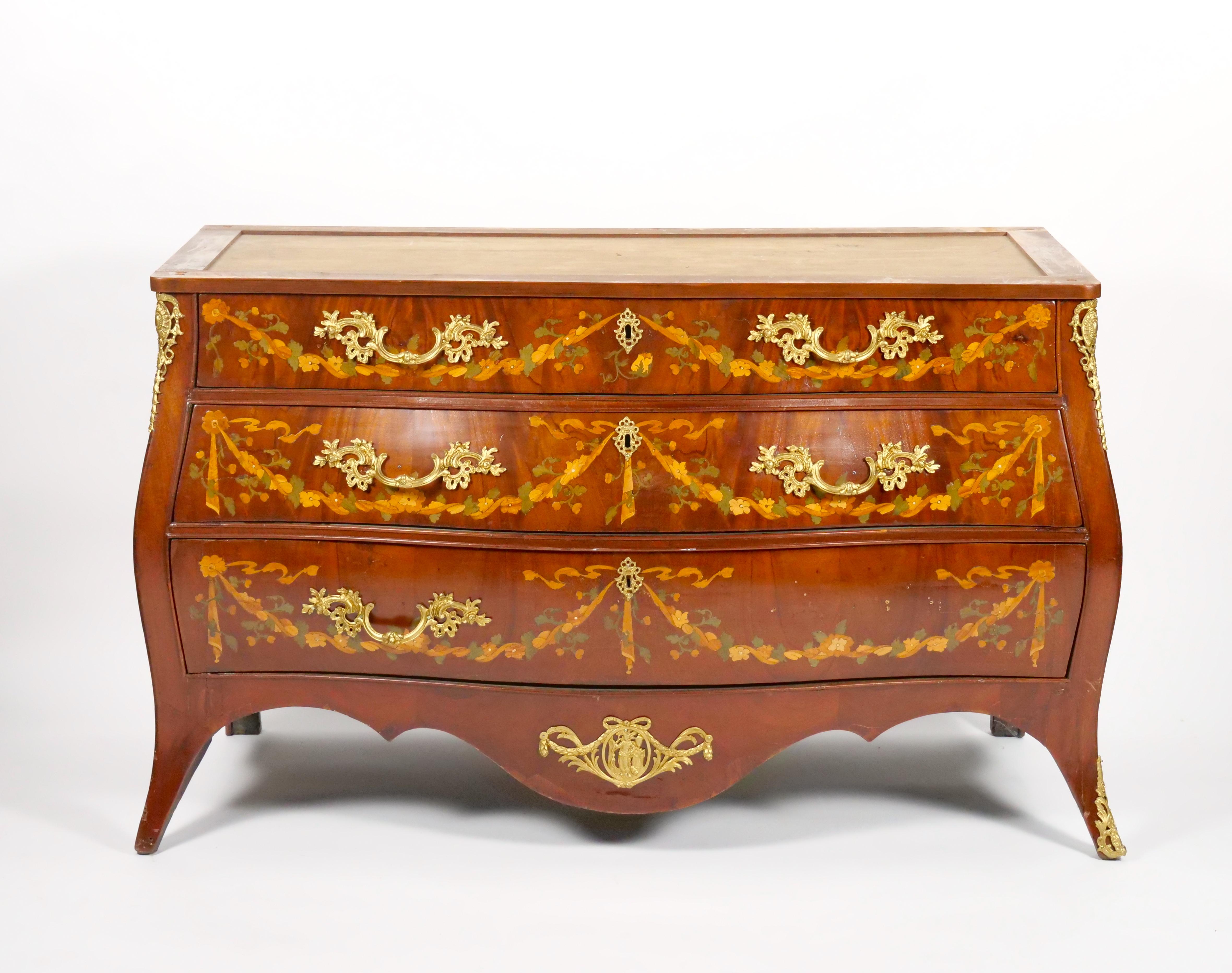 Hand-Carved Antique Marble Top Floral Marquetry Inlaid Mahogany Commode / Credenza For Sale