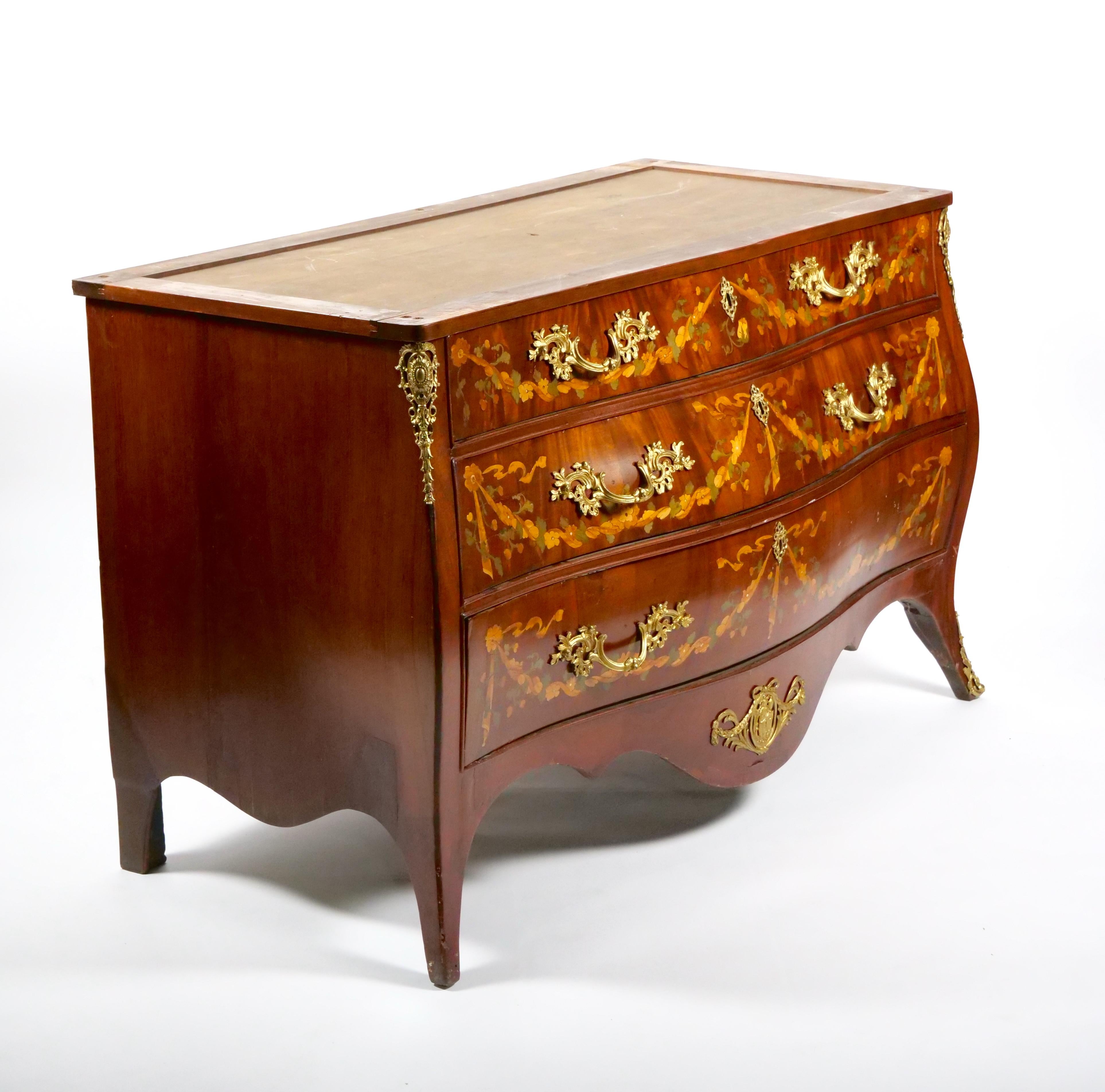 Antique Marble Top Floral Marquetry Inlaid Mahogany Commode / Credenza In Good Condition For Sale In Tarry Town, NY