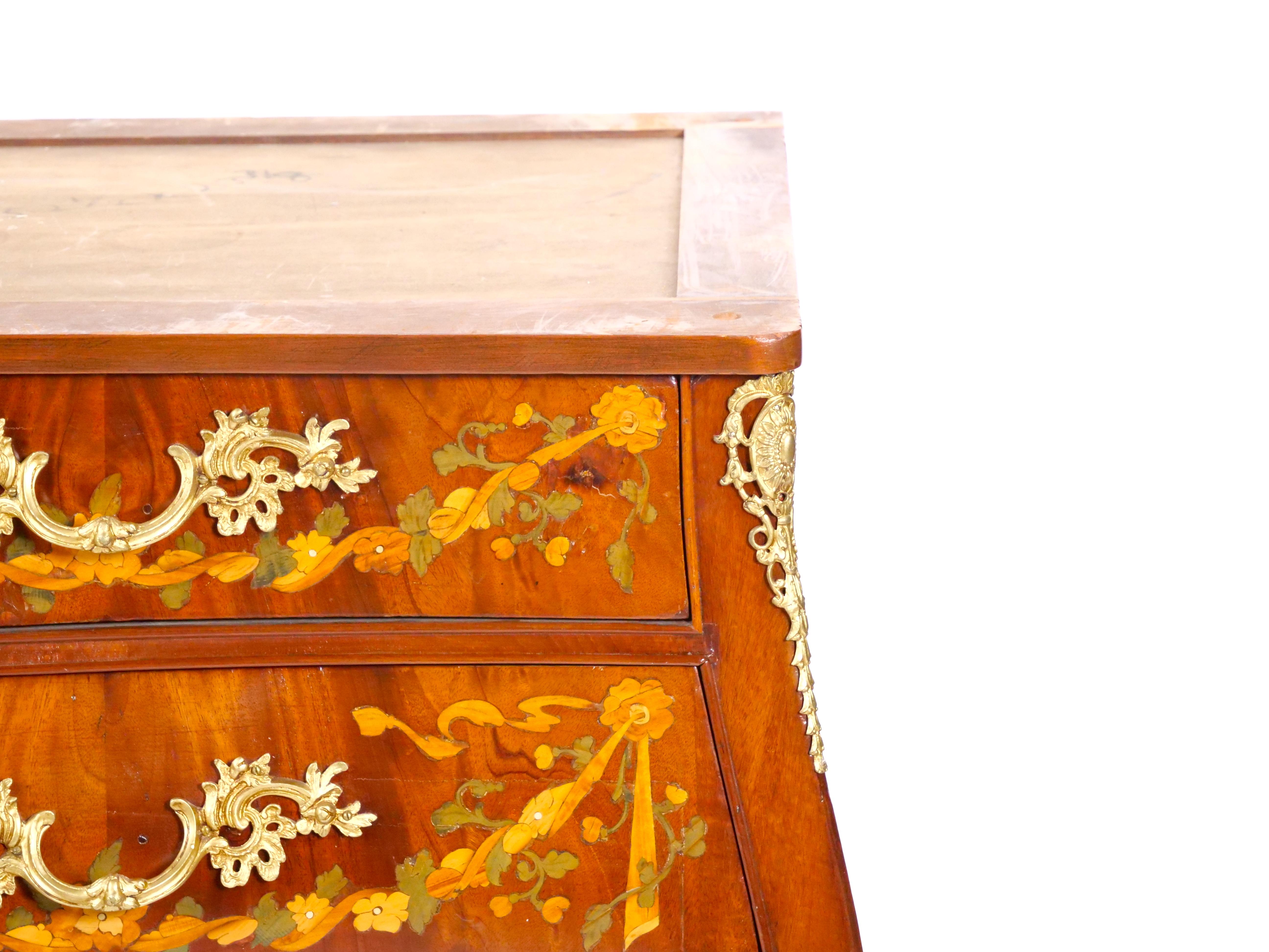 19th Century Antique Marble Top Floral Marquetry Inlaid Mahogany Commode / Credenza For Sale