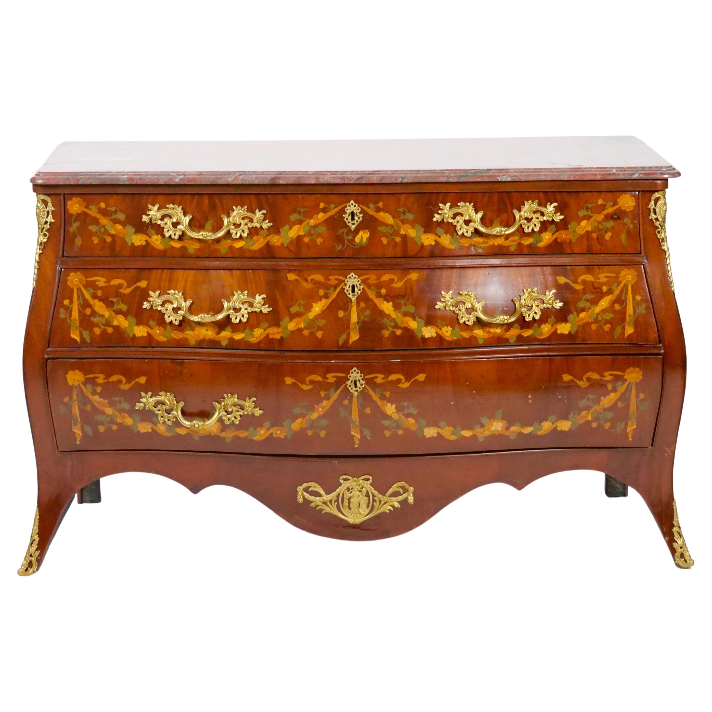 Antique Marble Top Floral Marquetry Inlaid Mahogany Commode / Credenza