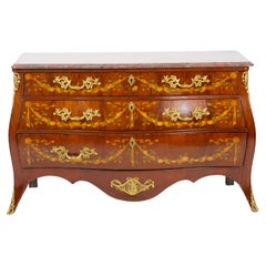 Antique Marble Top Floral Marquetry Inlaid Mahogany Commode / Credenza