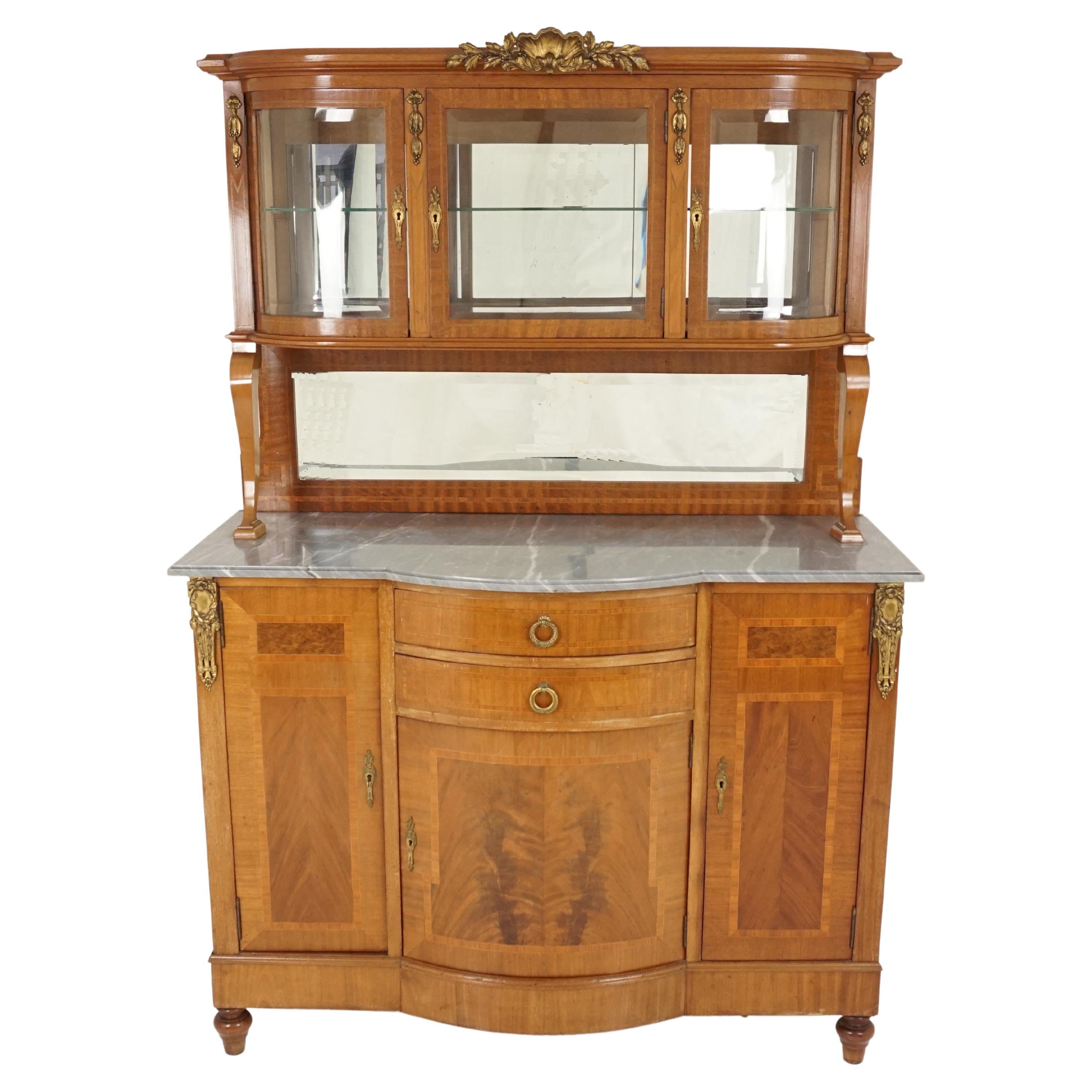 Antique Marble Top Mirror Back Inlaid Display Cabinet, Buffet France 1910, H317 For Sale