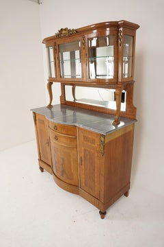 Antique Marble Top Mirror Back Inlaid Display Cabinet, Buffet France 1910, H317