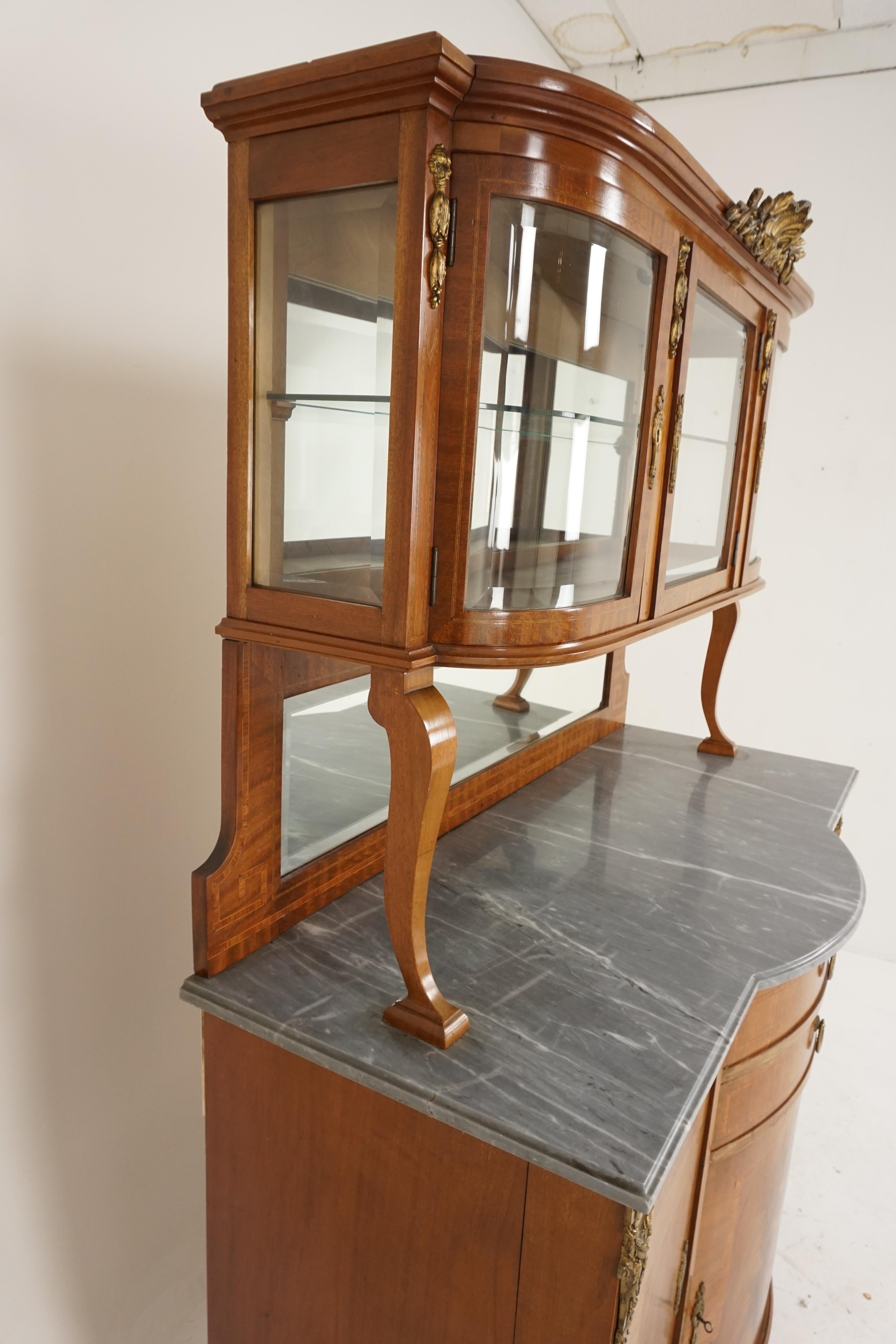 Hand-Crafted Antique Marble Top Mirror Back Inlaid Display Cabinet, Buffet France 1910, H317 For Sale