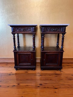 Antique Marble Top Oak Pair of Bed Side Tables