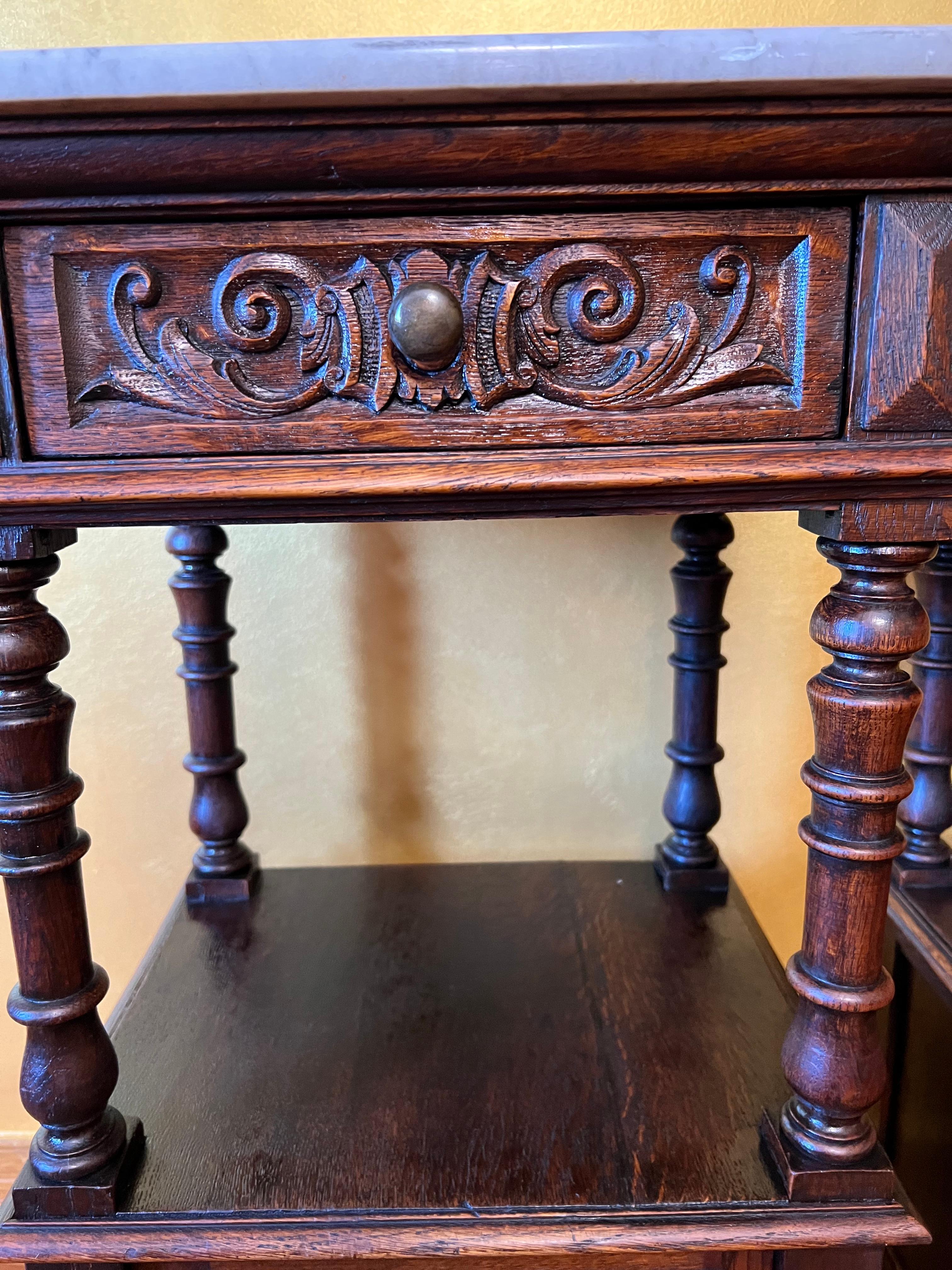 19th Century Antique Marble Top Oak Pair of Bed Side Tables For Sale