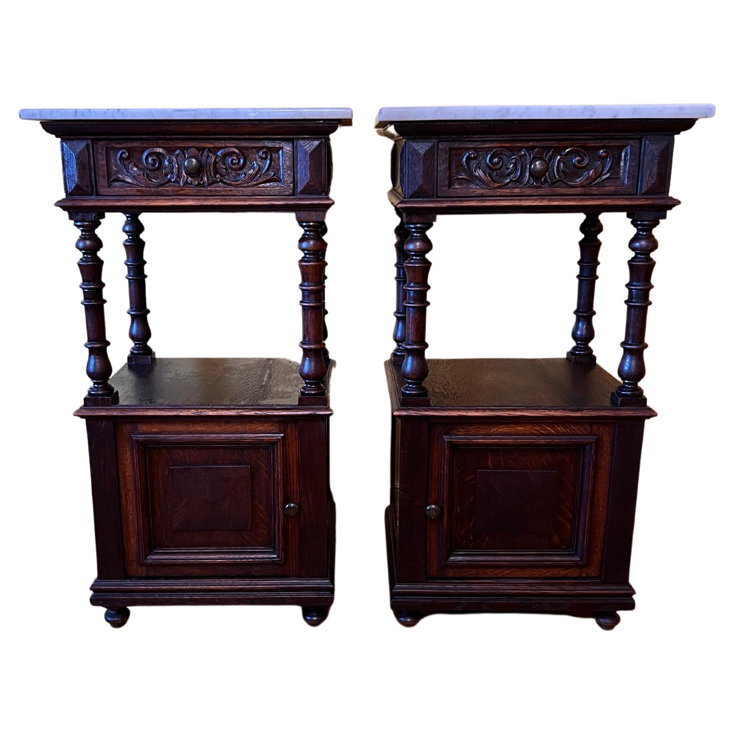 Antique Marble Top Oak Pair of Bed Side Tables For Sale