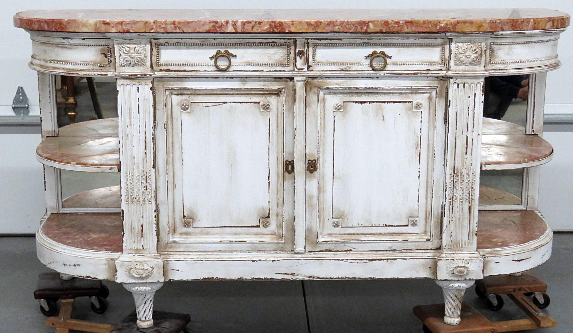 Antique marble-top distressed painted sideboard, attributed to Forest, with 2 mirrored back marble top shelves on each side, 2 doors, and 2 drawers.