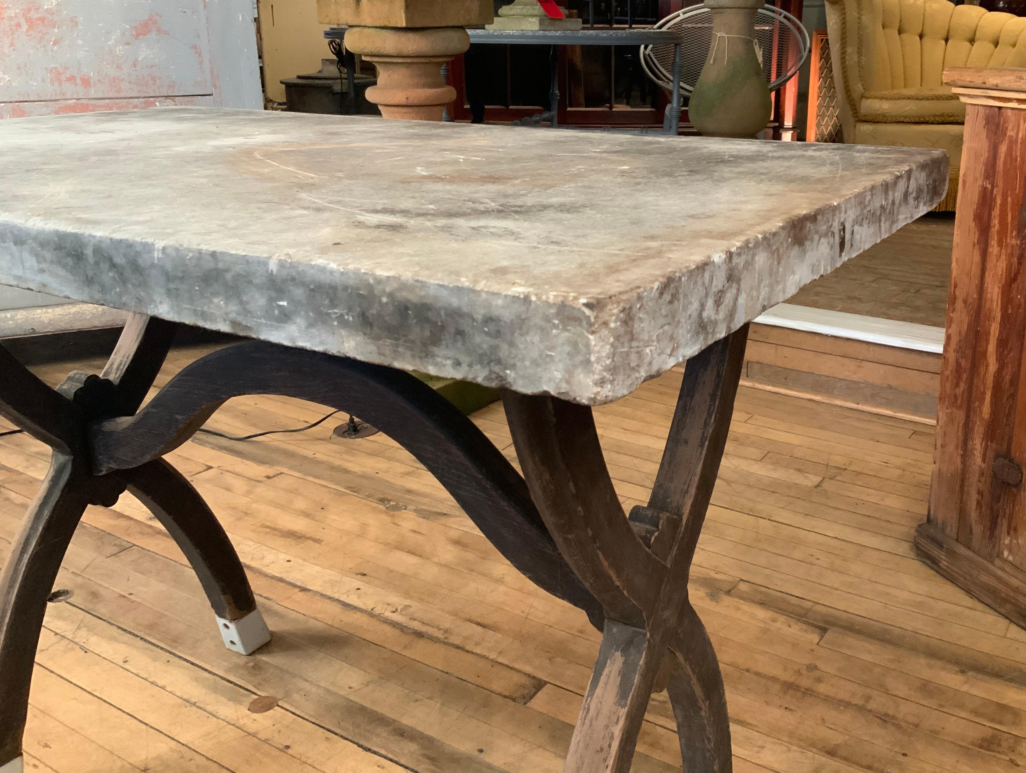Antique Marble Top Table with Curved X Base and Enamel Feet 3