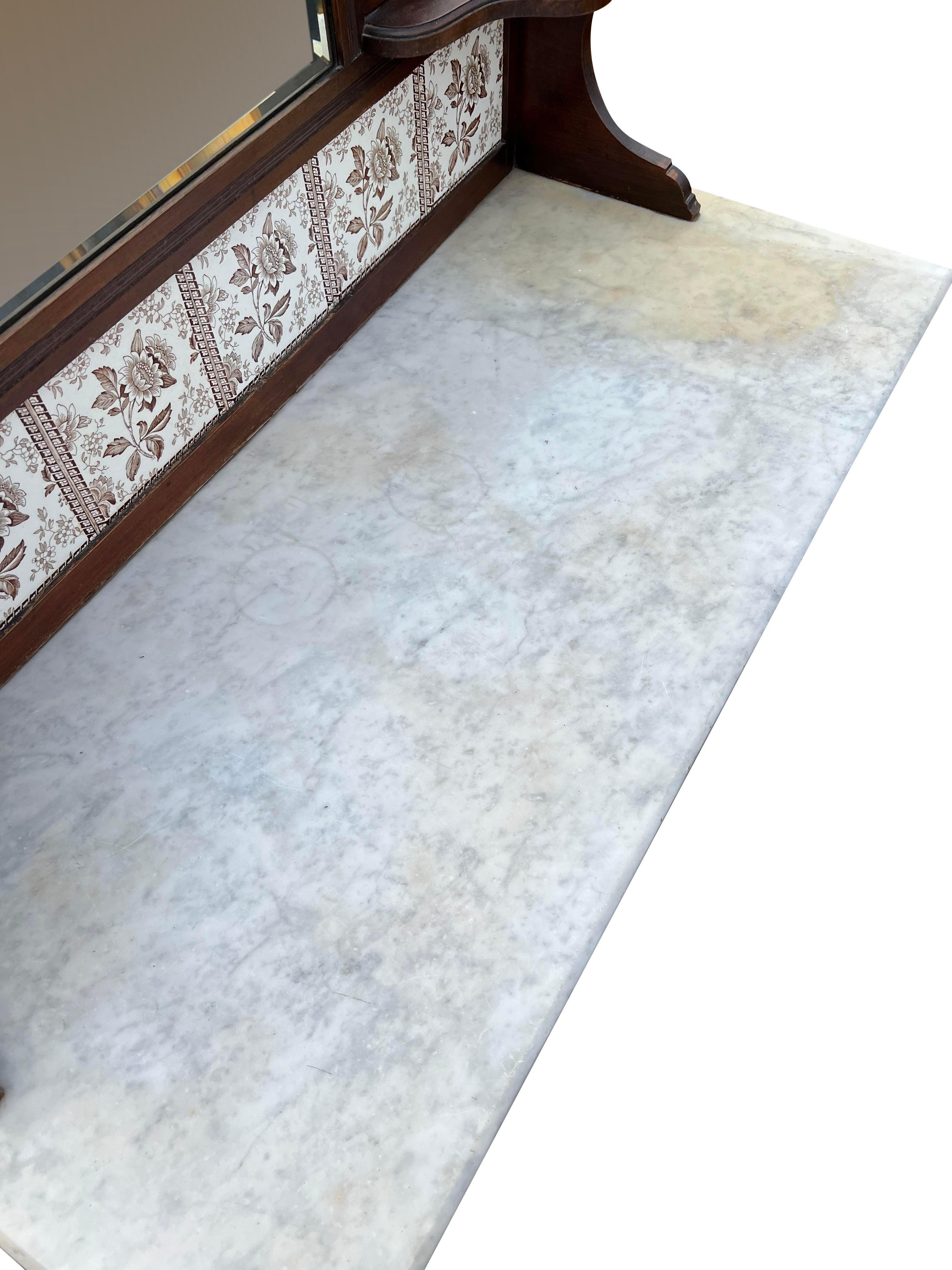 Antique Marble Top Washstand Tile Back With Mirror Decorative Console Table For Sale 5