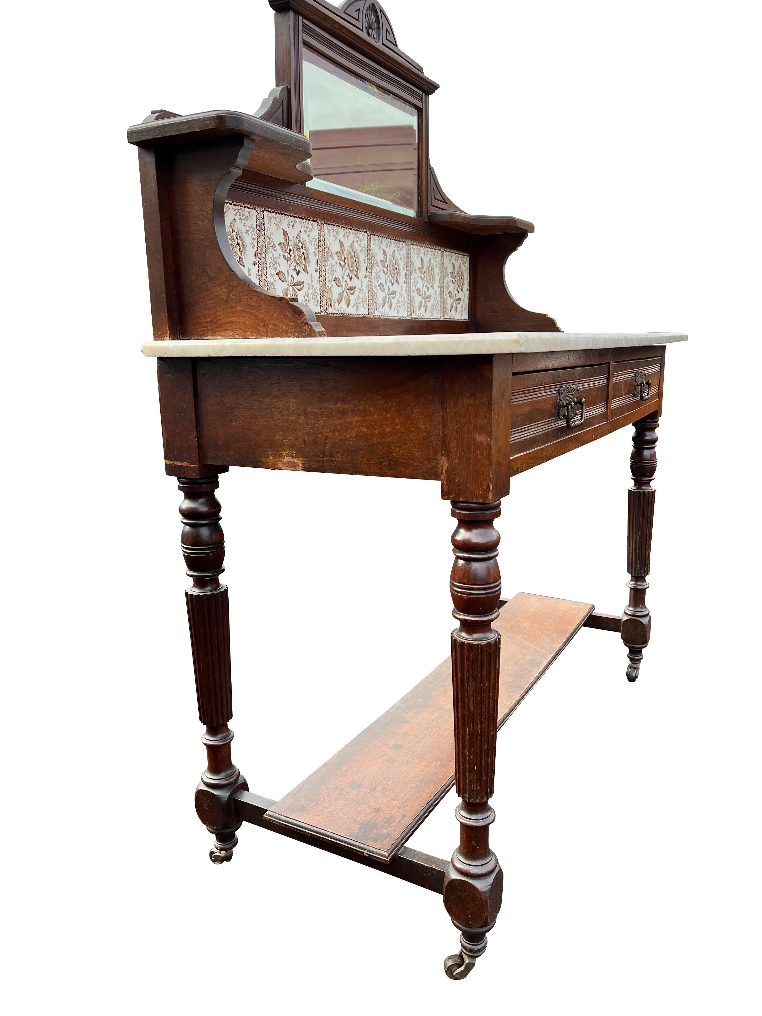 Antique Marble Top Washstand Tile Back With Mirror Decorative Console Table For Sale 6
