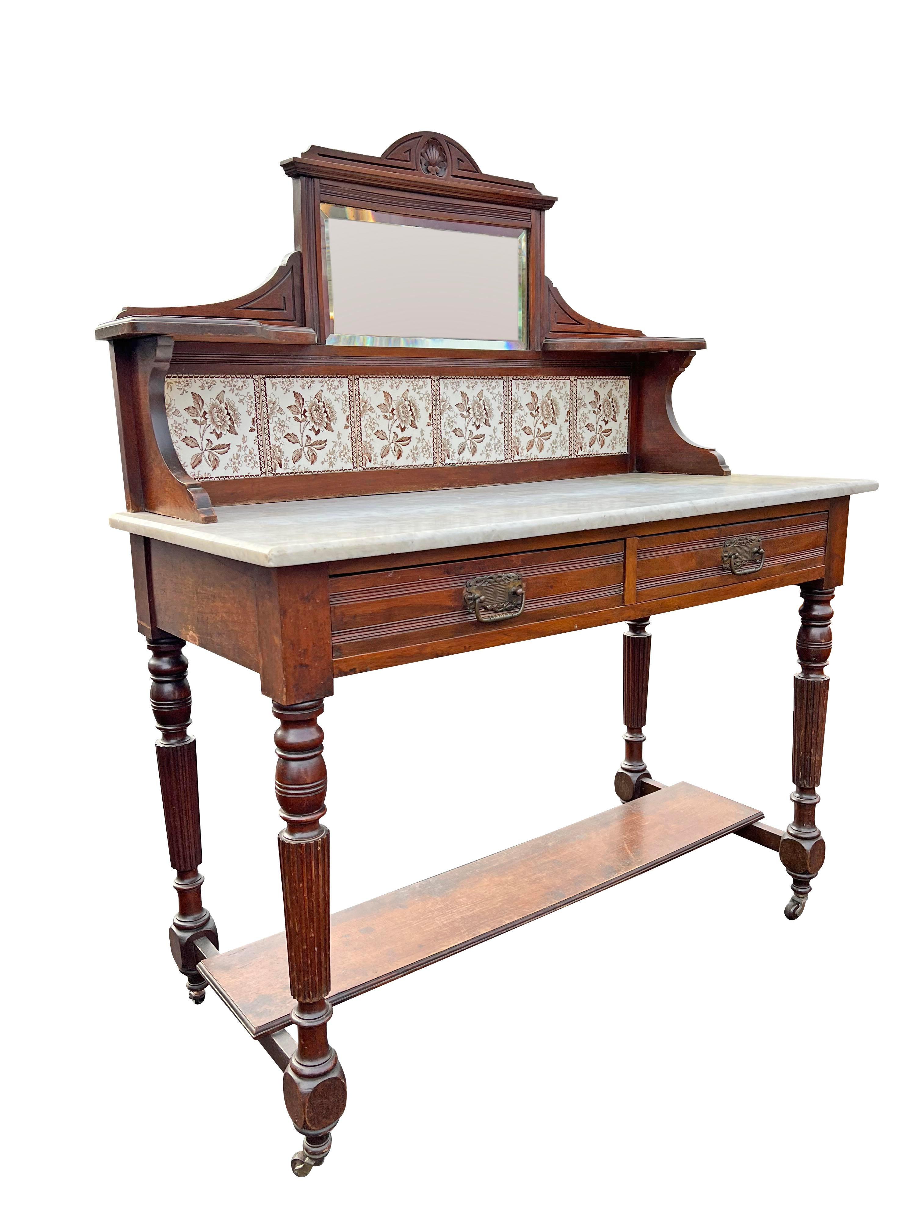 Antique Marble Top Washstand Tile Back With Mirror Decorative Accent Side Console Table on Wheels.

Add a touch of vintage charm to your home with this unique Antique Marble Top Washstand. This versatile piece can be used as a side console table,