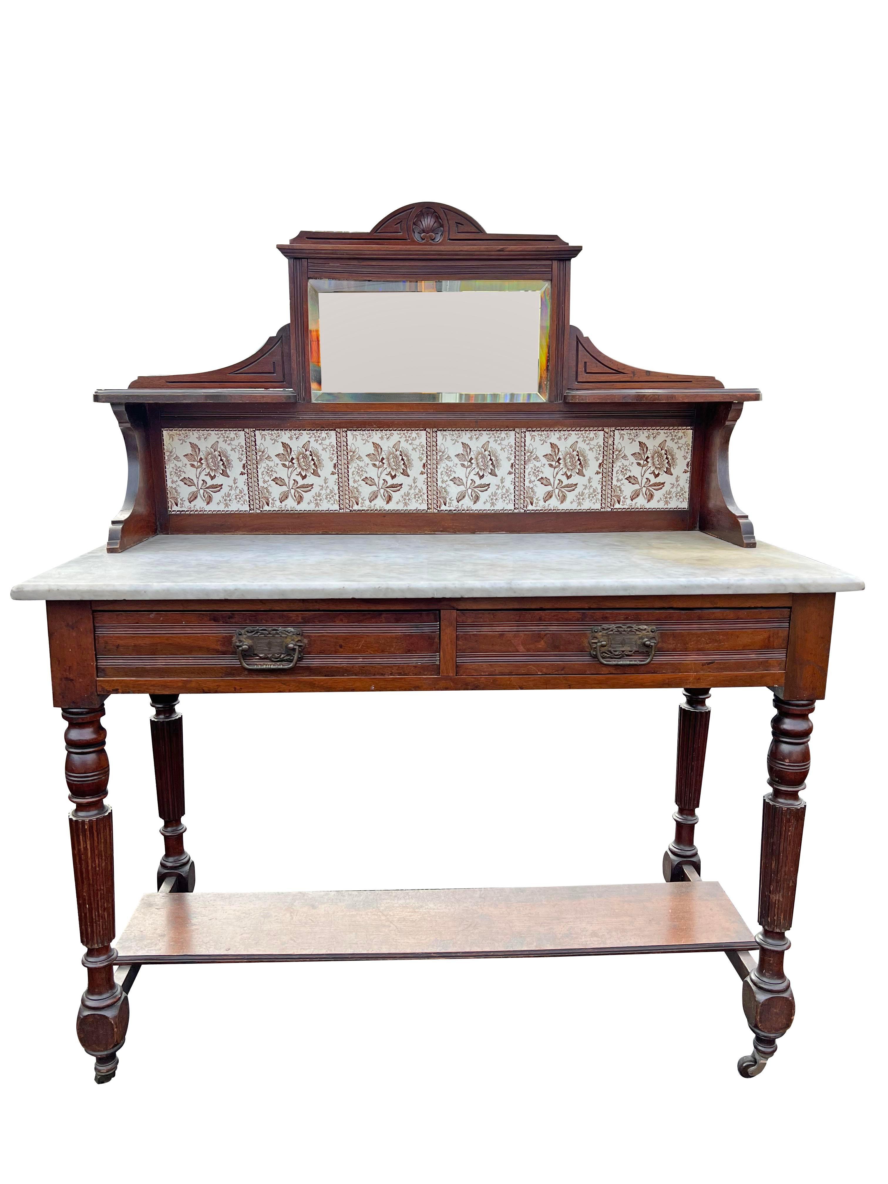 American Antique Marble Top Washstand Tile Back With Mirror Decorative Console Table For Sale