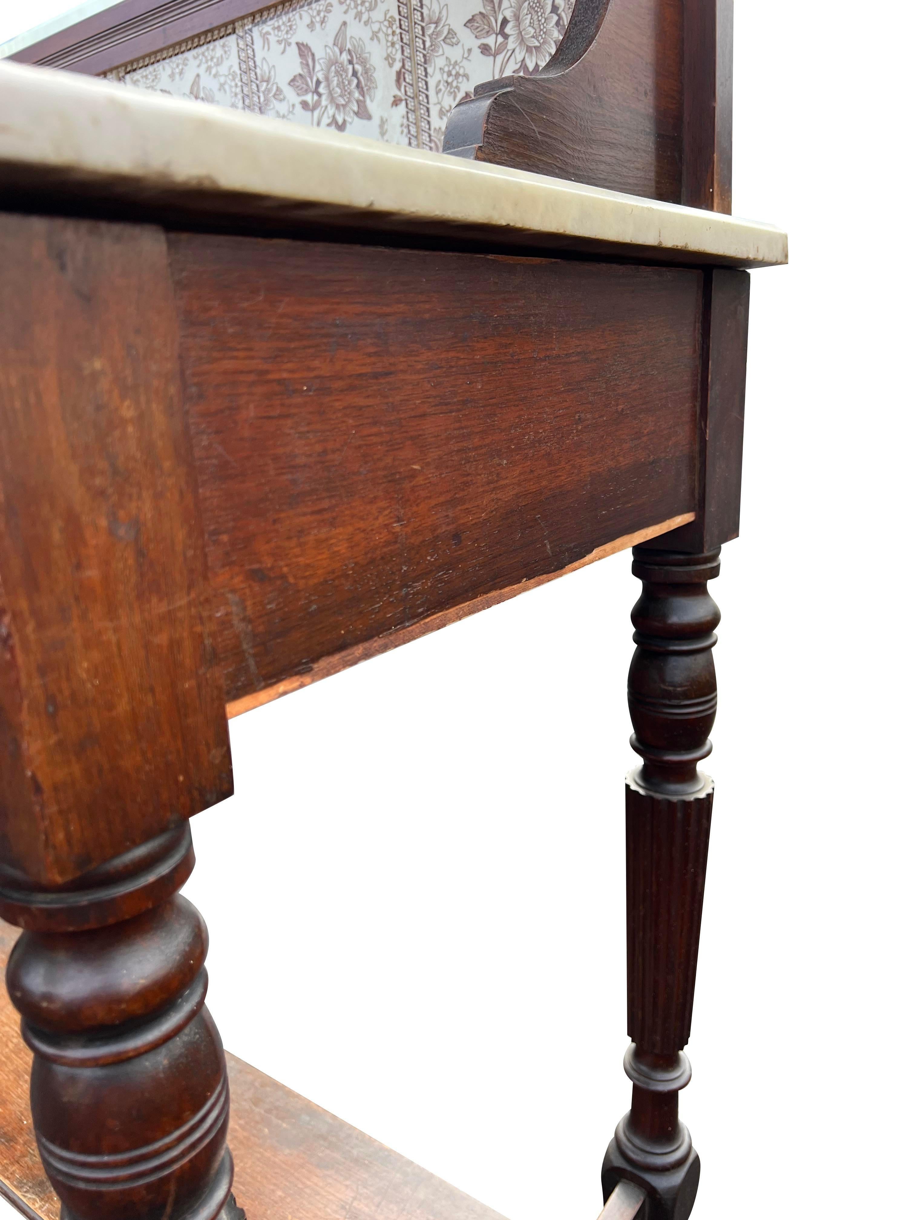 Antique Marble Top Washstand Tile Back With Mirror Decorative Console Table In Good Condition For Sale In Saddle River, NJ