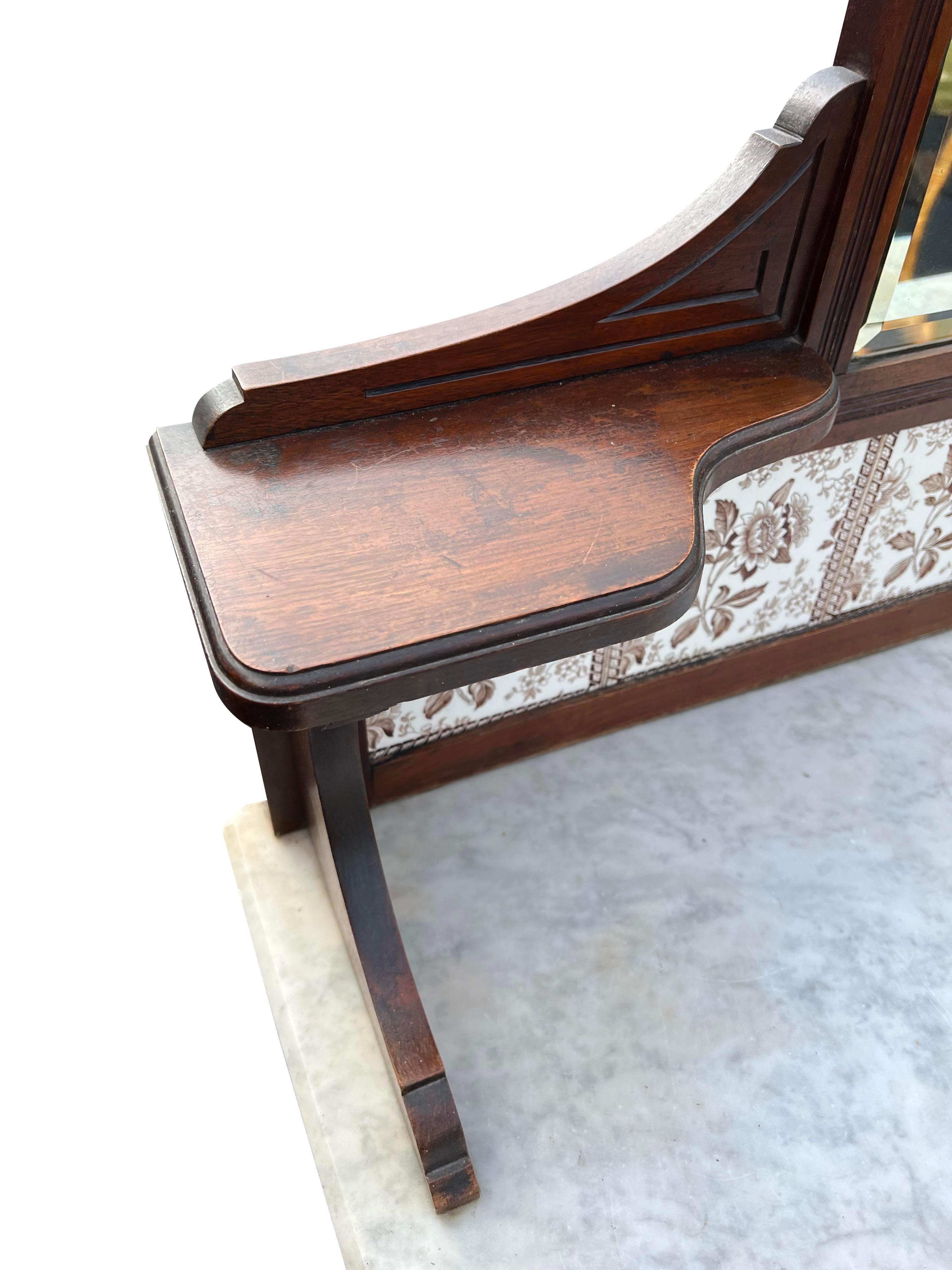 Antique Marble Top Washstand Tile Back With Mirror Decorative Console Table For Sale 1