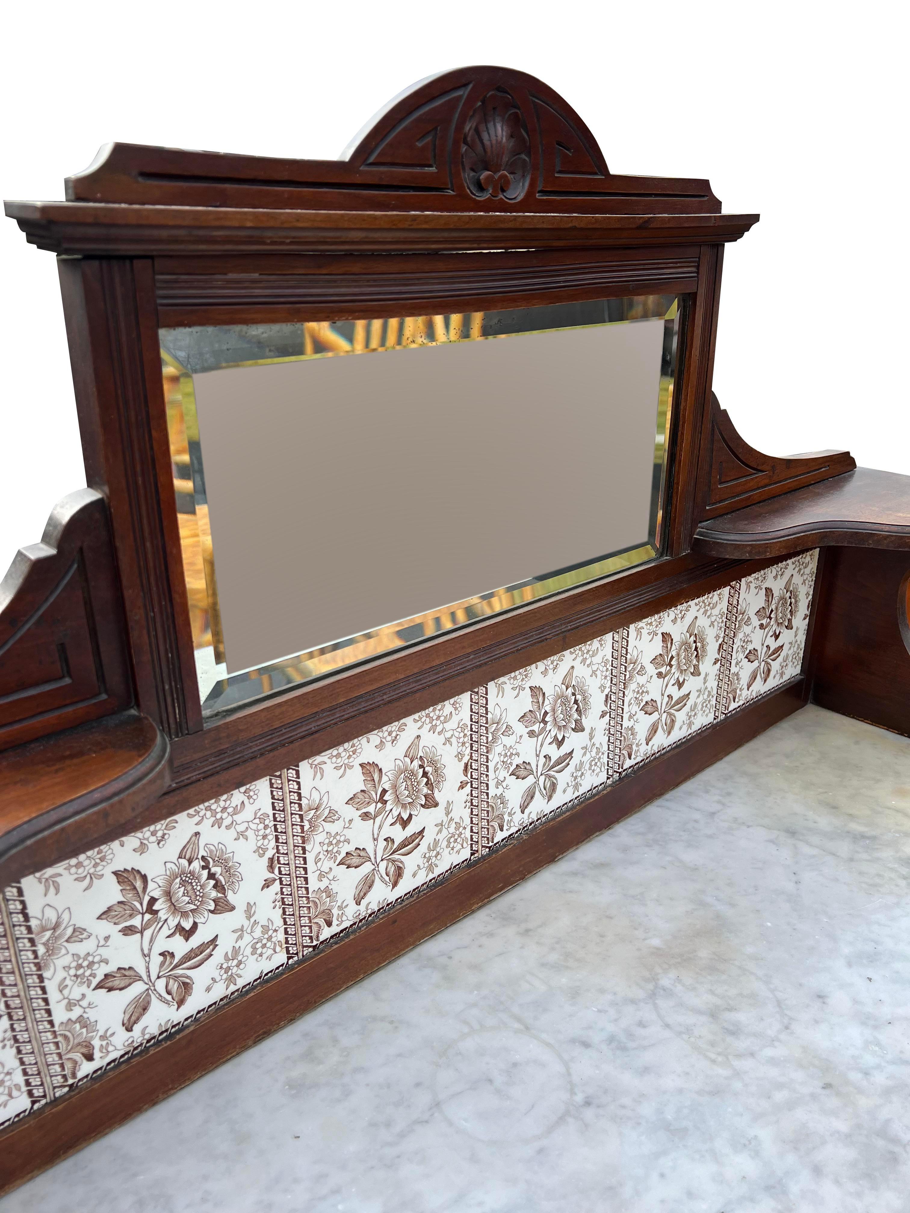 Antique Marble Top Washstand Tile Back With Mirror Decorative Console Table For Sale 2