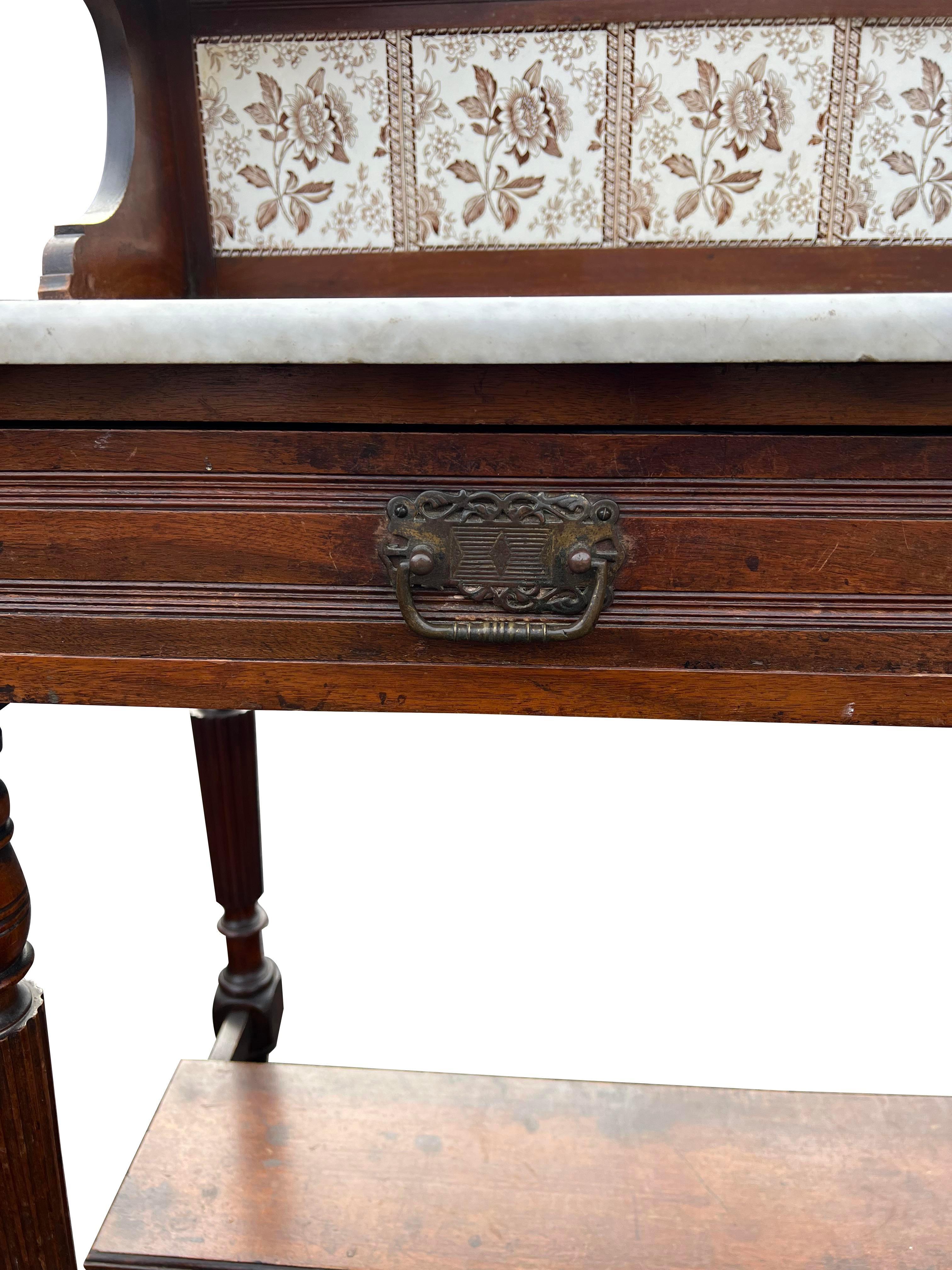 Antique Marble Top Washstand Tile Back With Mirror Decorative Console Table For Sale 3