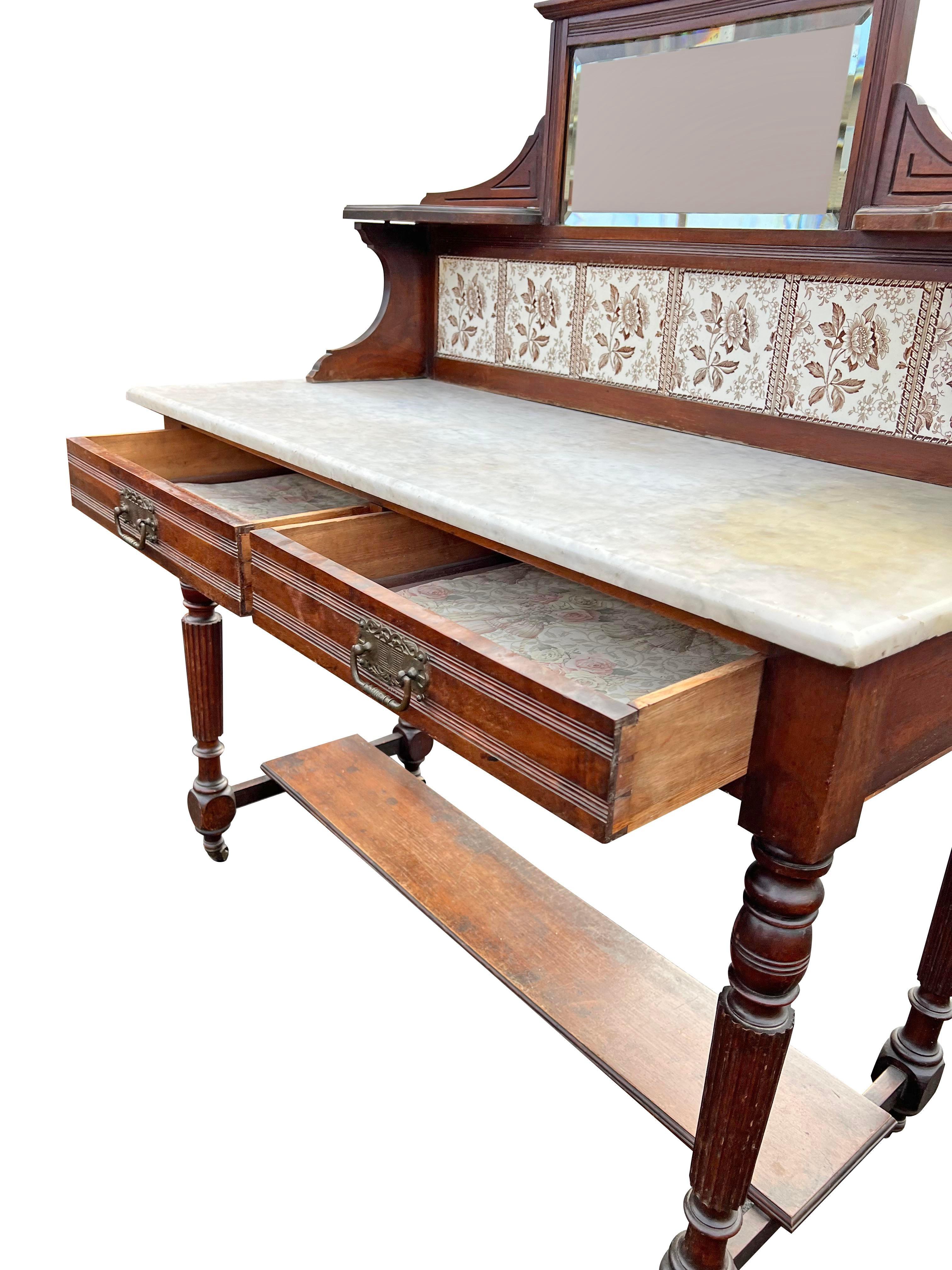 Antique Marble Top Washstand Tile Back With Mirror Decorative Console Table For Sale 4
